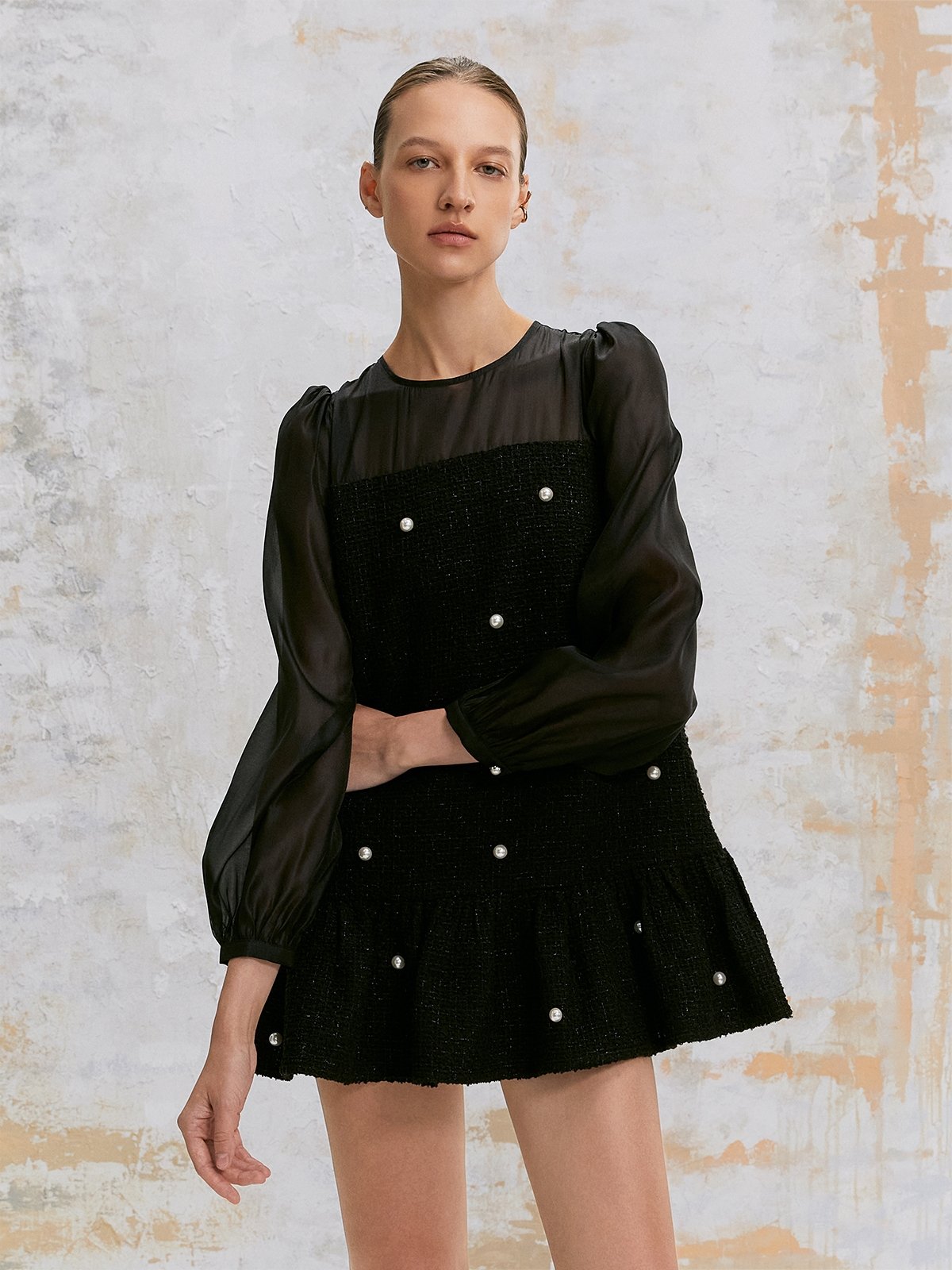 Pearl Embellishment Sheer Long Sleeve Tweed Mini Dress Black Pomelo Fashion