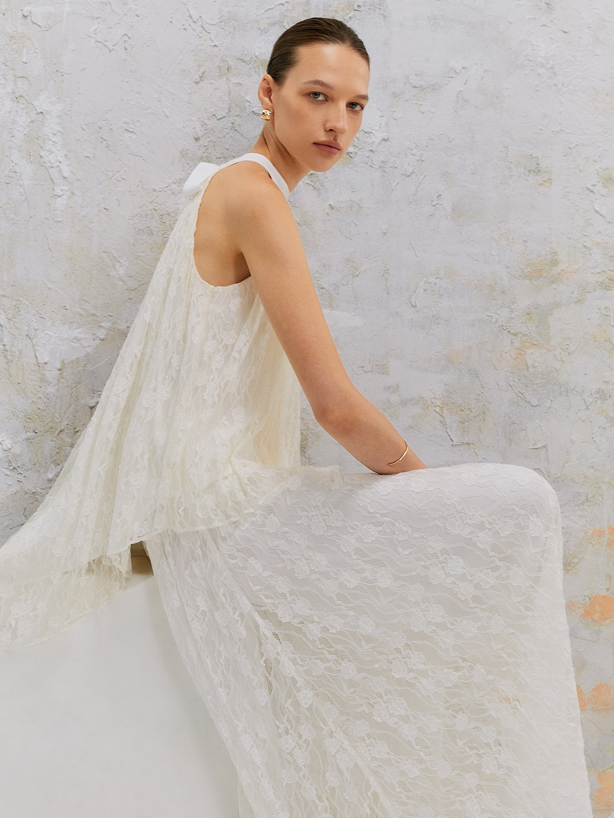 Floral Lace Sheer Halter Top - White - Pomelo Fashion