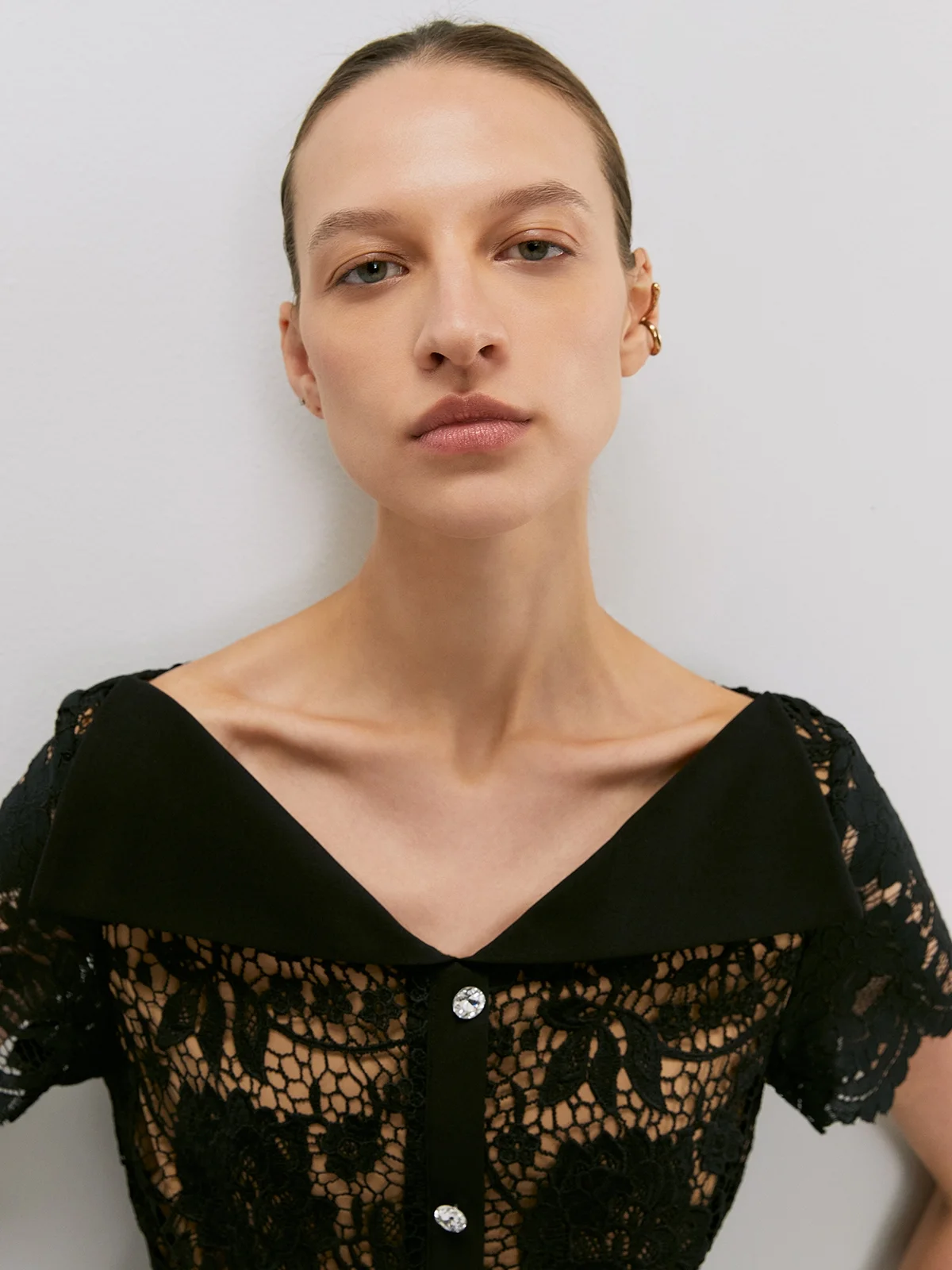 Floral Lace Collared Button Mini Dress - Black