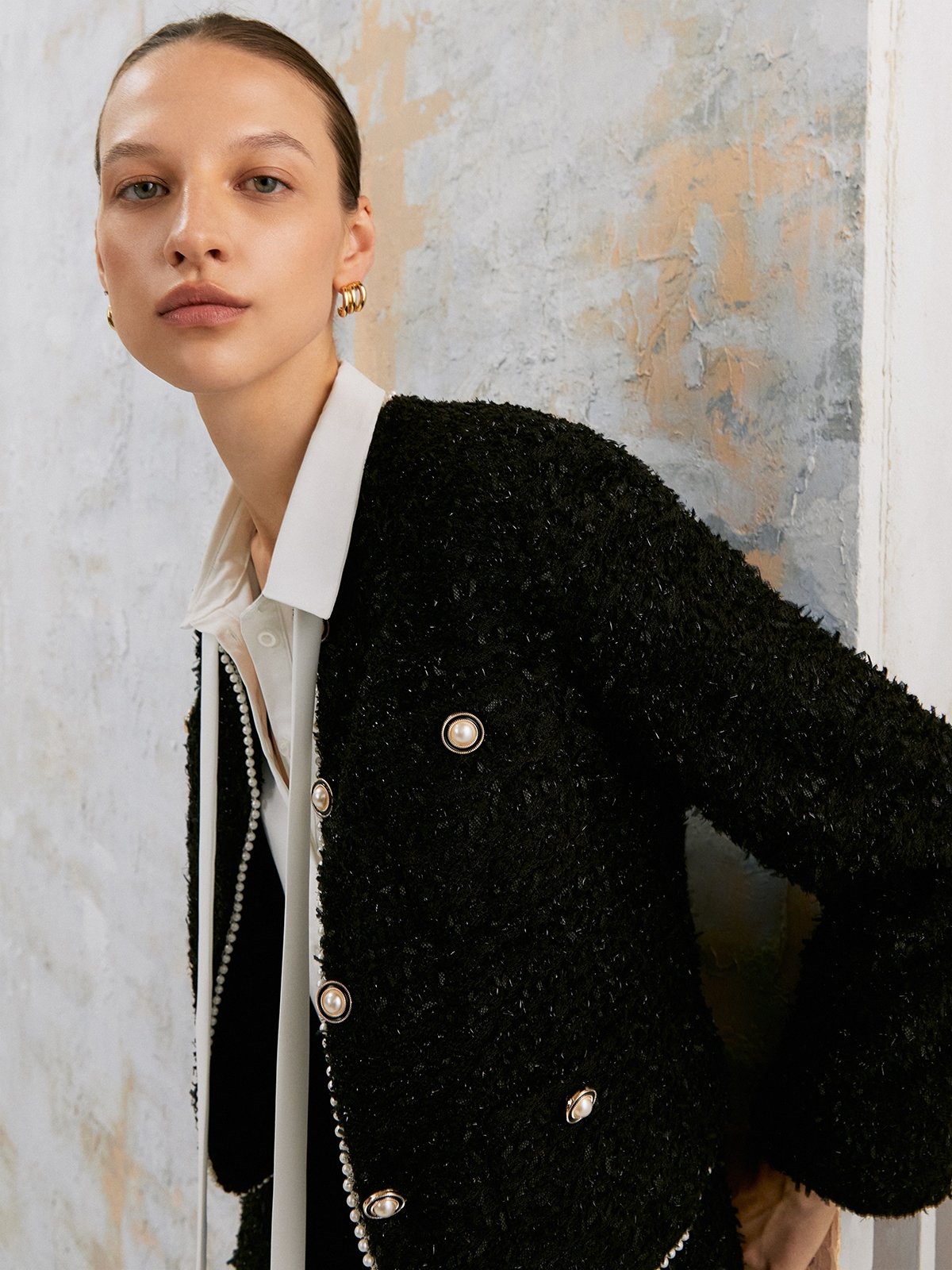 Pearl Beaded Contrast Trim Tweed Jacket Black Pomelo Fashion