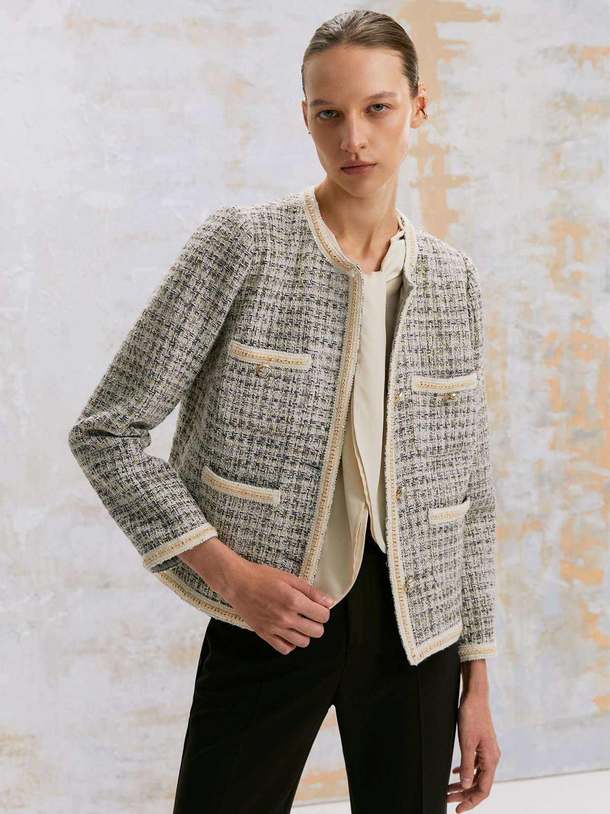 Light grey tweed jacket deals