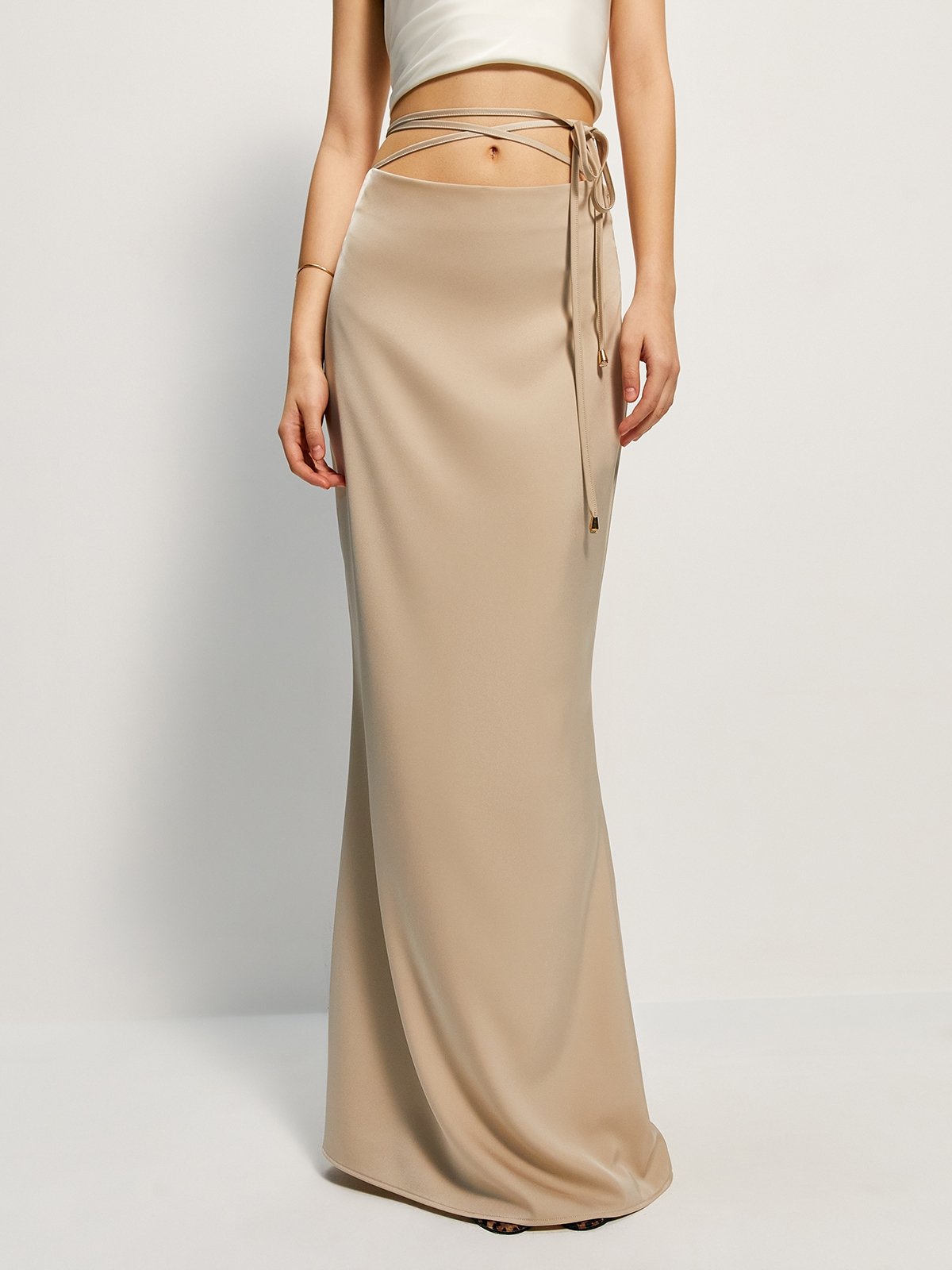 Tie Waist Satin Maxi Skirt Beige Pomelo Fashion