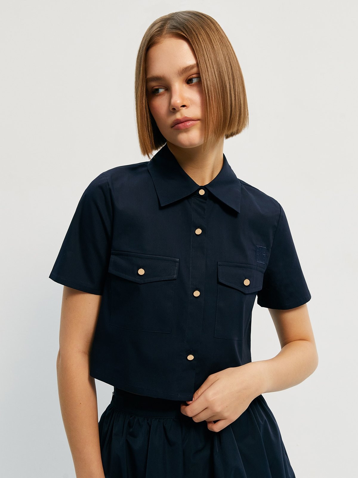 PML Club Embroidered Cropped Short Sleeve Button Shirt Navy Pomelo pml-club-embroidered-cropped-short-sleeve-button-shirt-navy-pomelo