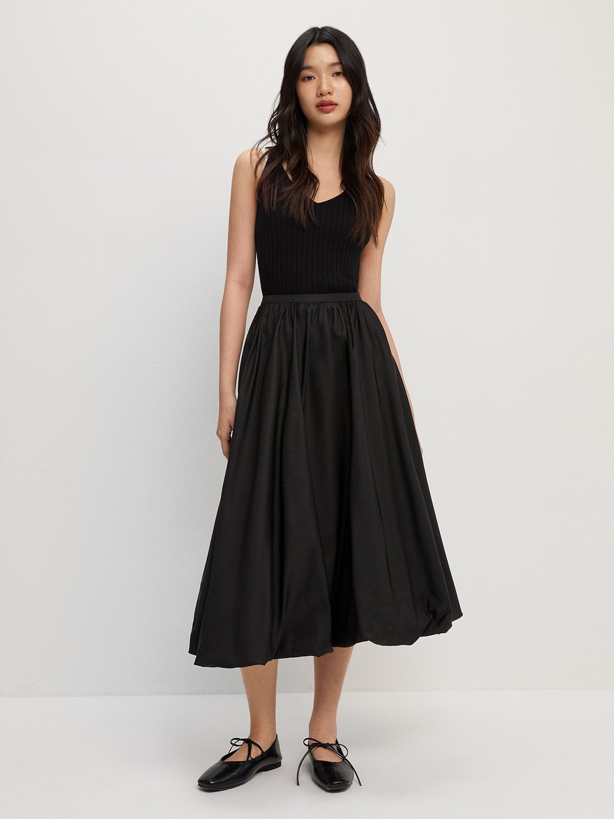 Balloon Midi Skirt - Black - Pomelo Fashion