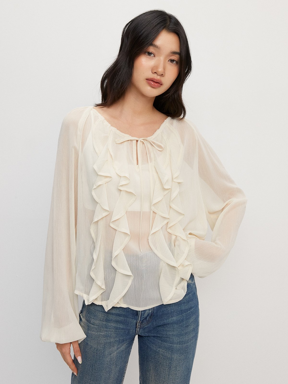 Ruffled Chiffon Blouse Beige Pomelo Fashion