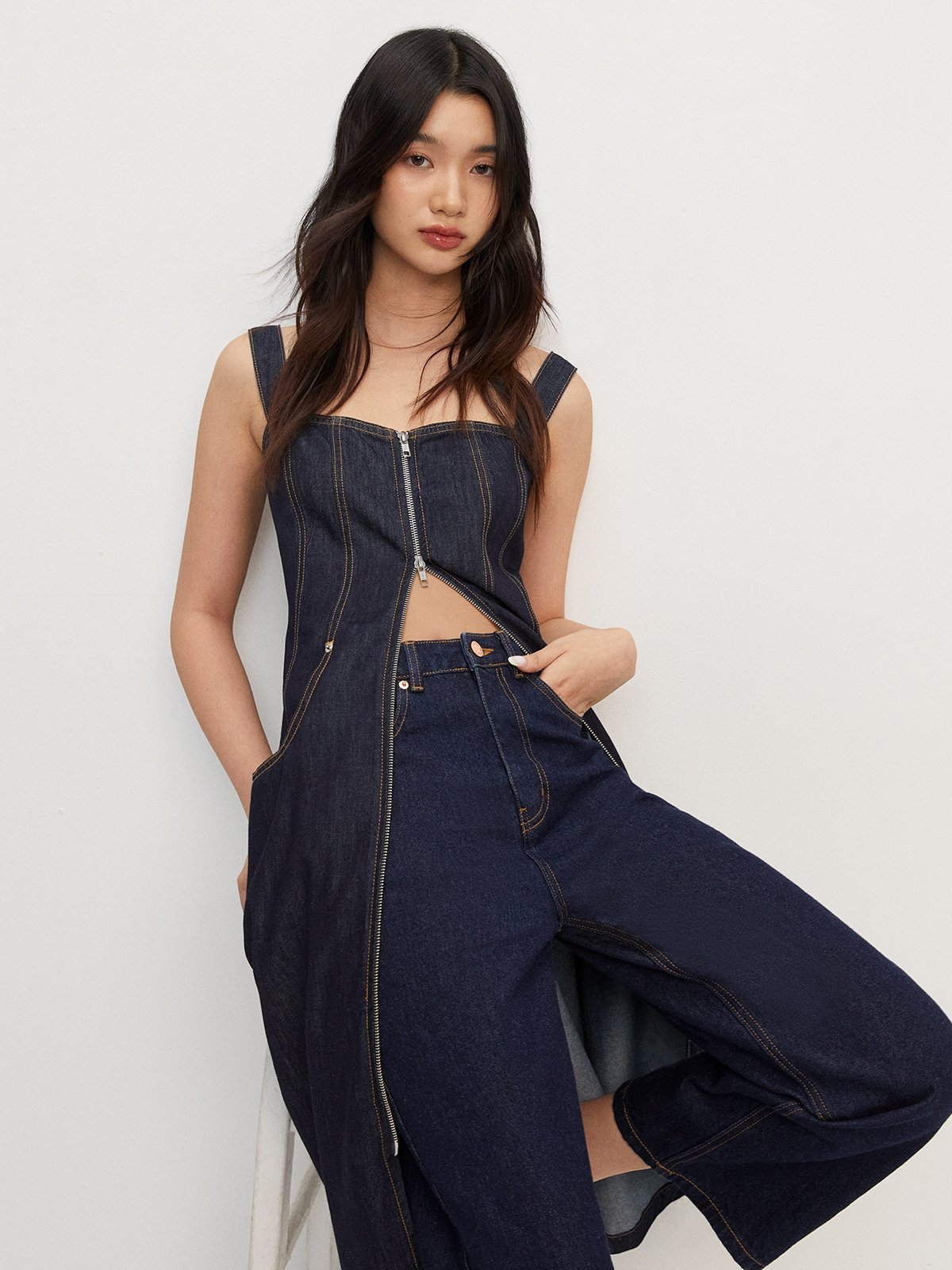 Front Zipper Denim Midi Dress - Dark Blue - Pomelo Fashion