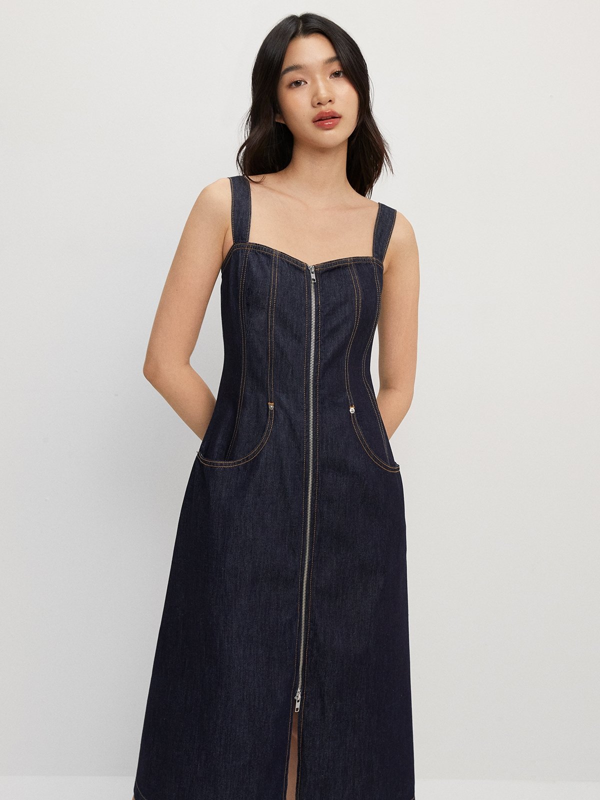 Front Zipper Denim Midi Dress - Dark Blue - Pomelo Fashion
