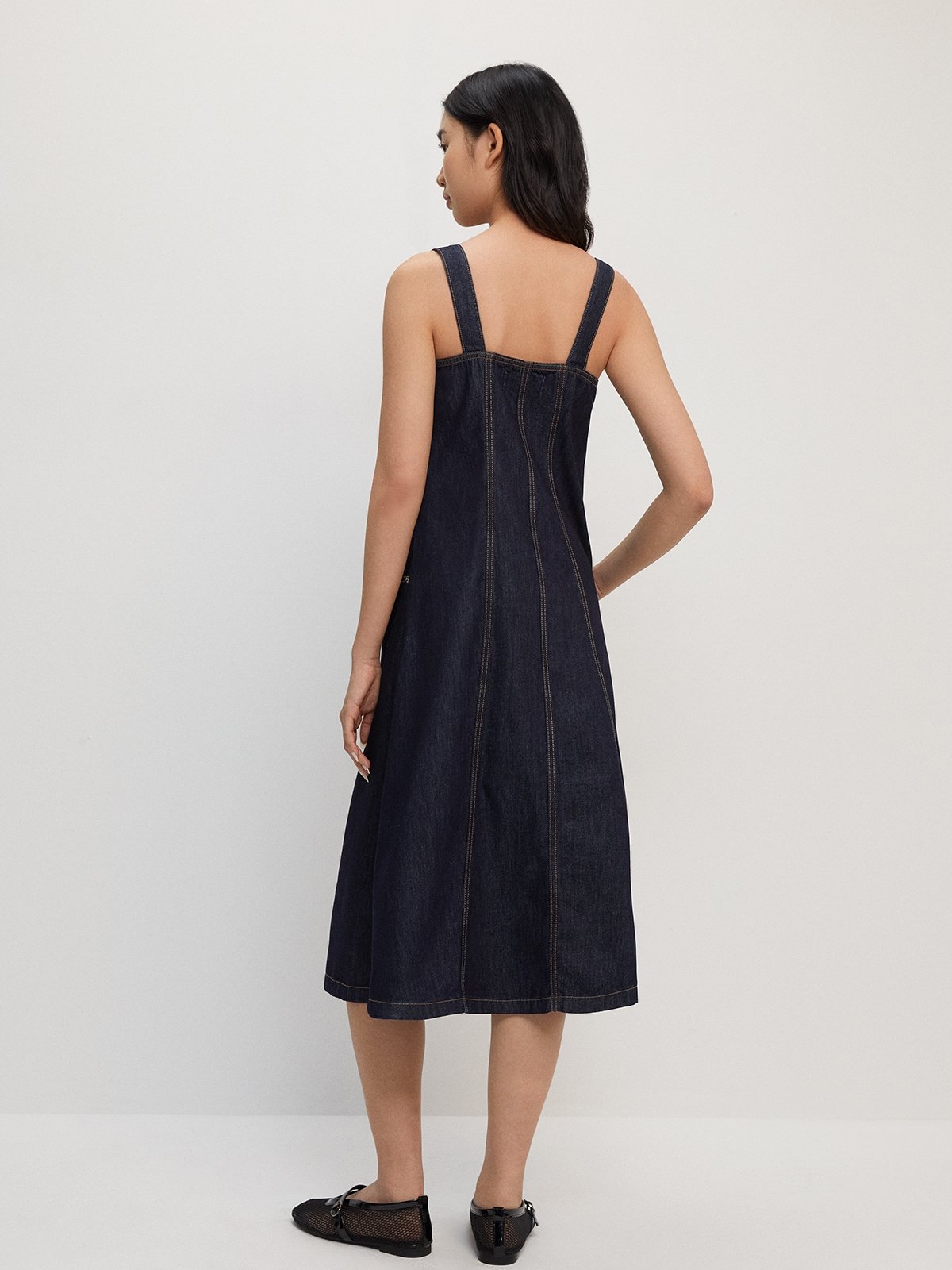 Front Zipper Denim Midi Dress - Dark Blue - Pomelo Fashion