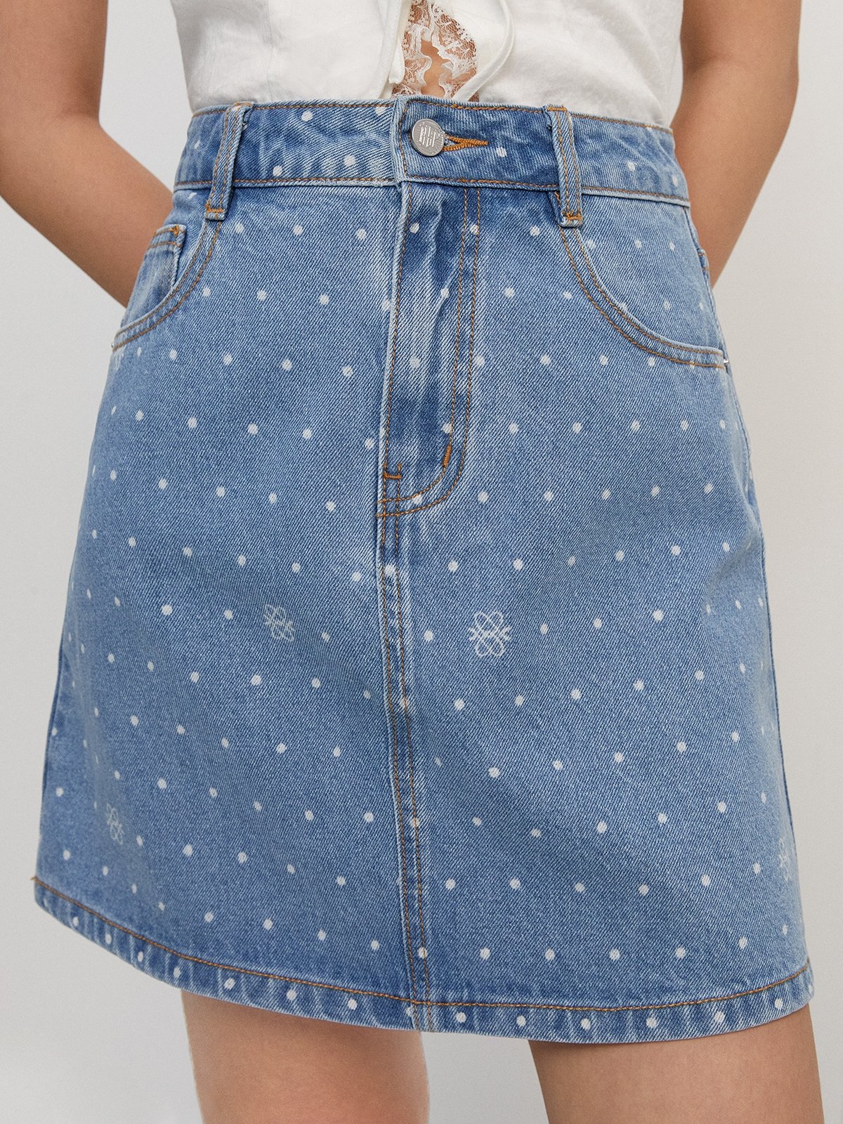Polka dot denim skirt online