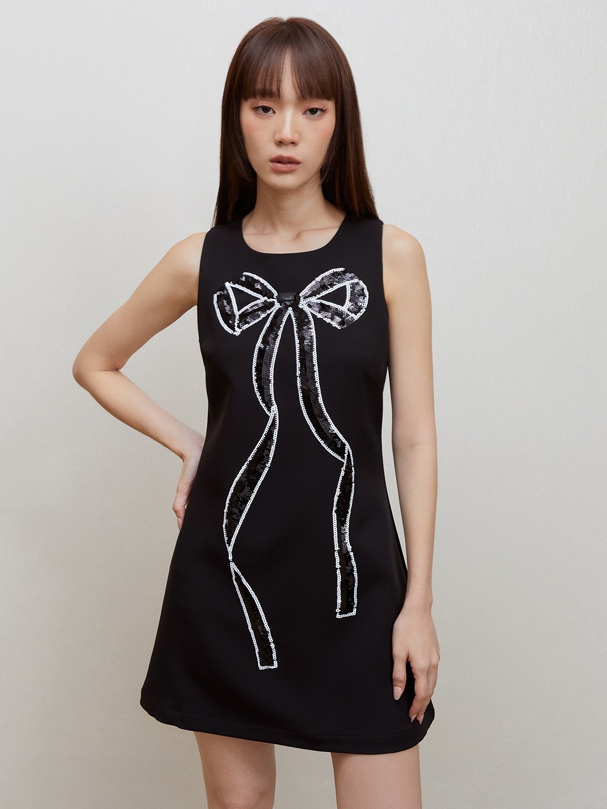 Sequin Bow Detail Mini Dress Black Pomelo Fashion