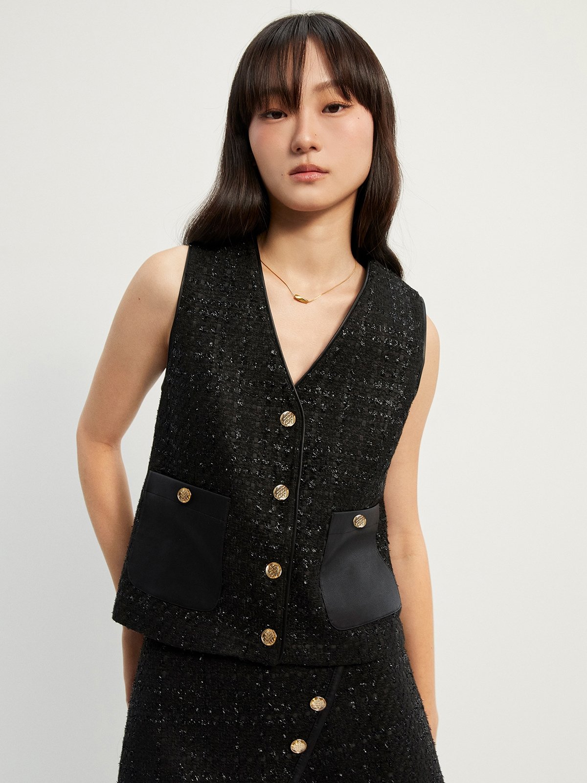 Vegan Leather Pocket Lurex Tweed Vest Black Pomelo Fashion