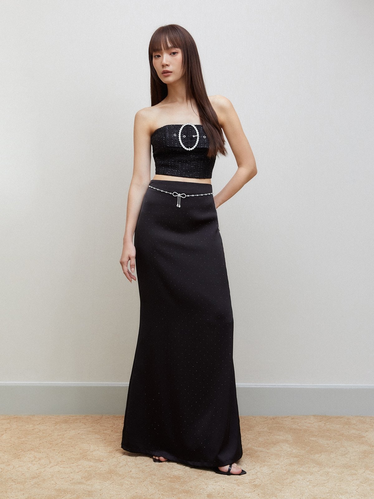 Tweed Buckle Detail Tube Top - Black - Pomelo Fashion