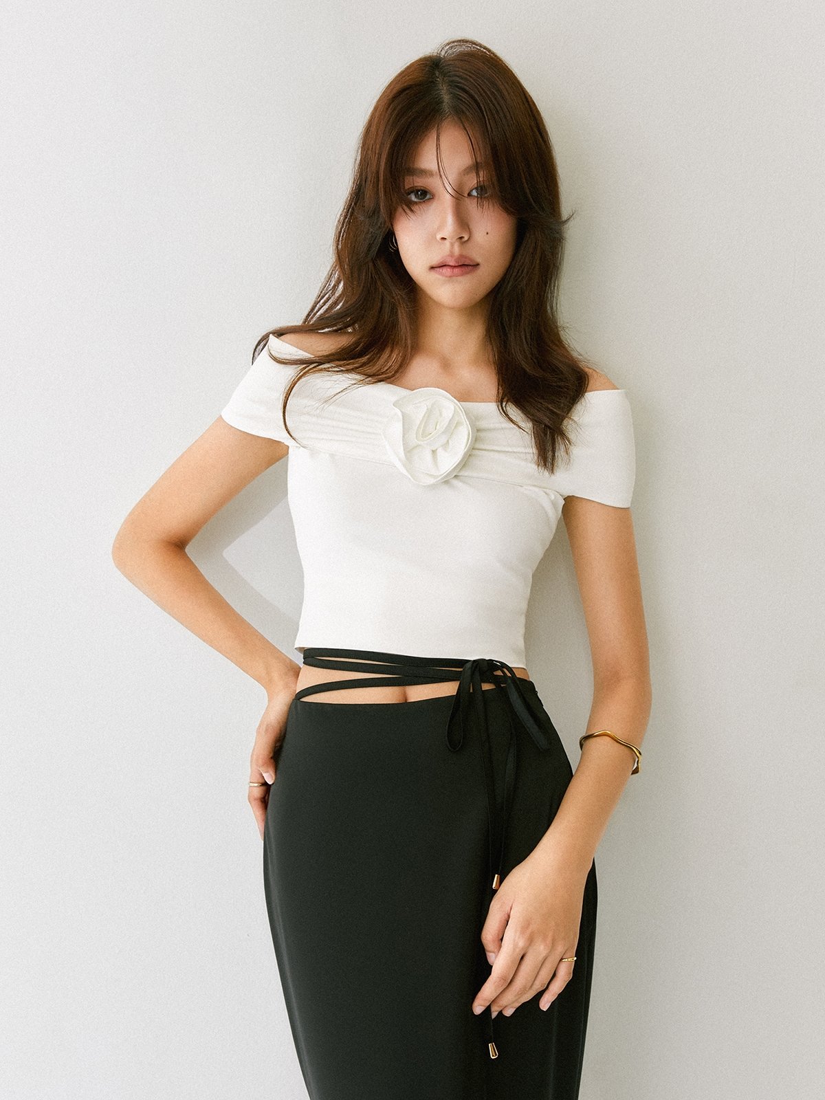 Floral Motif OffShoulder Top White Pomelo Fashion