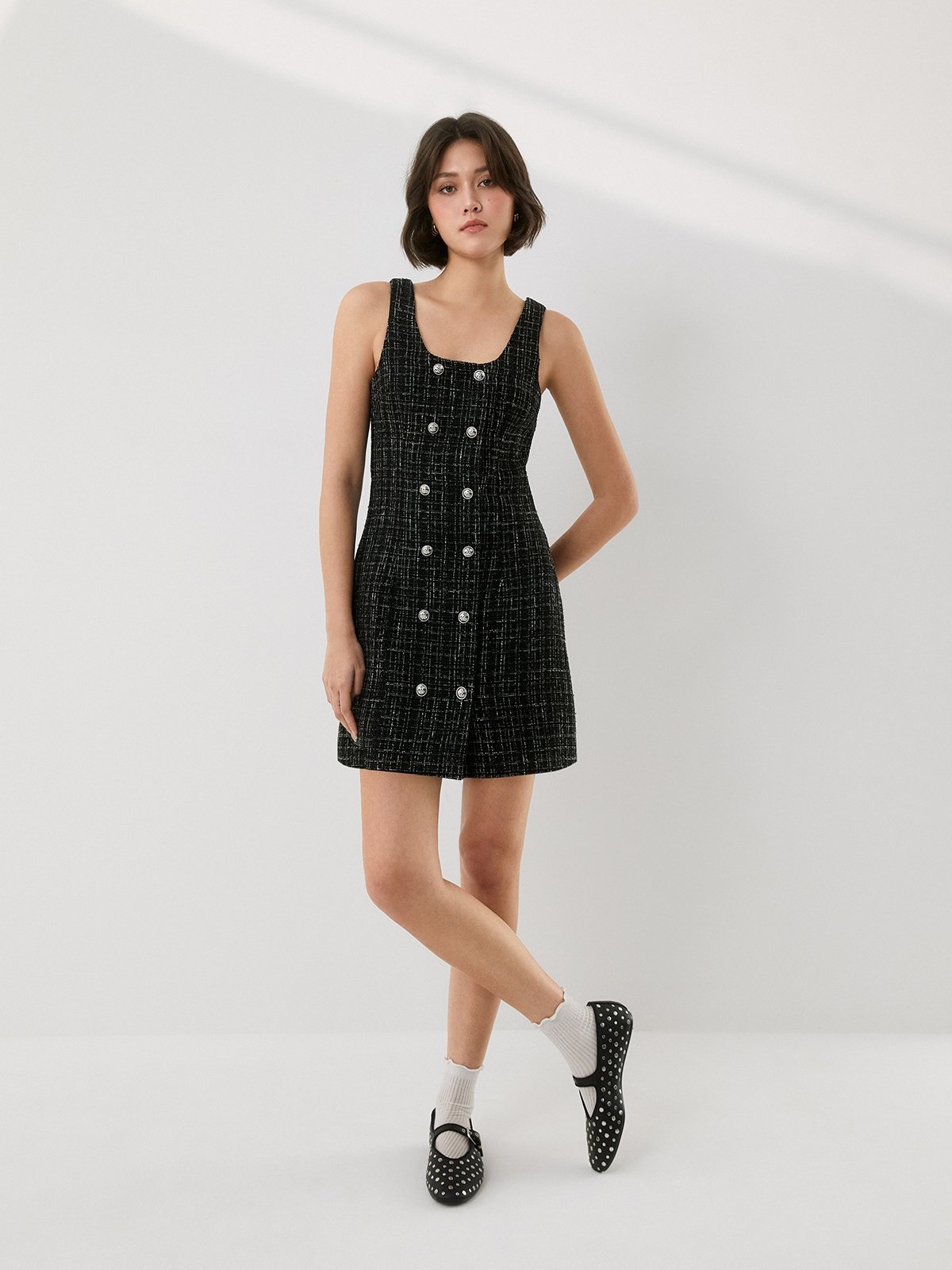 Tweed Mini Dress - Black - Pomelo Fashion