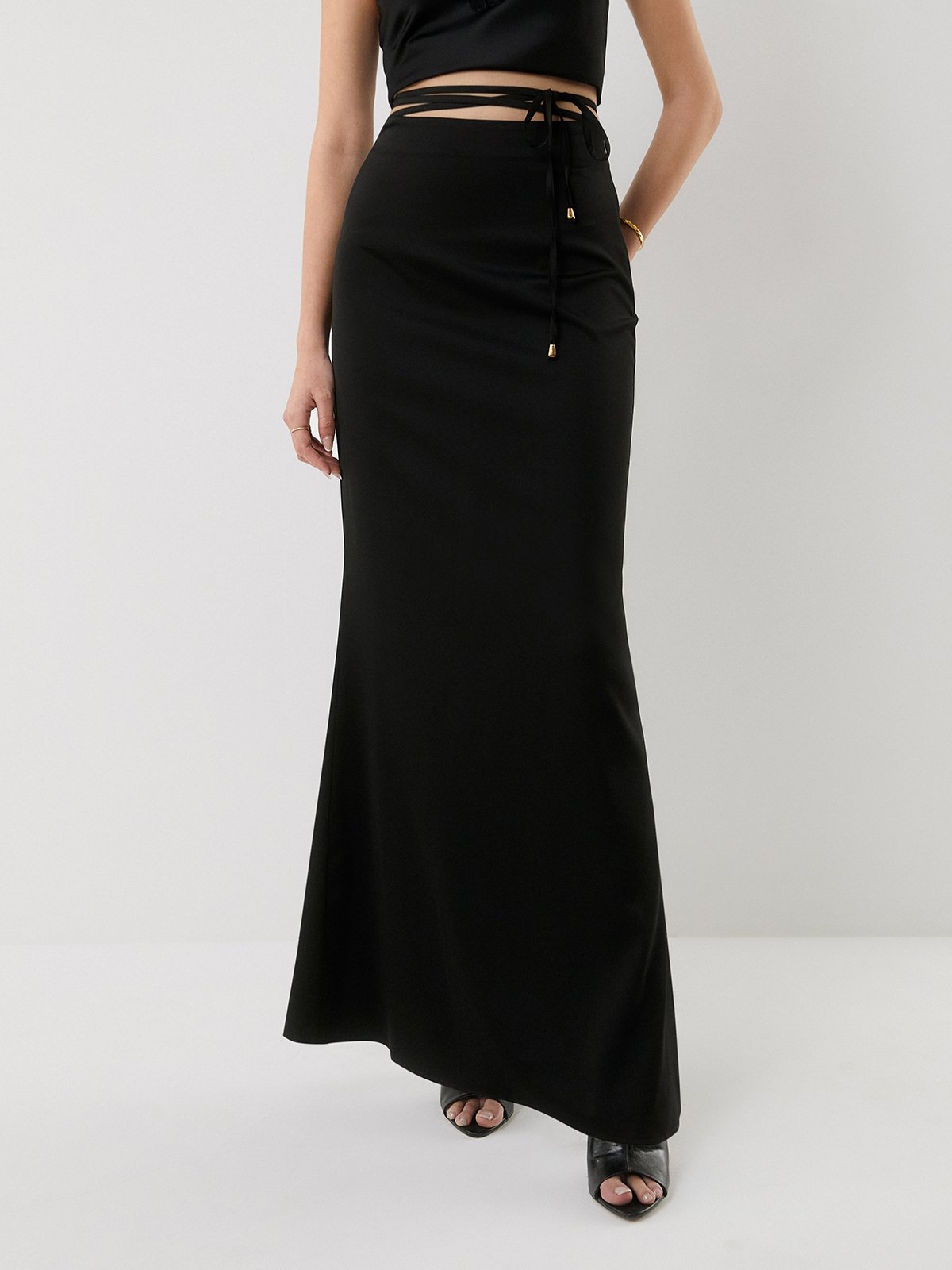 Ny Collection Womens Printed Maxi Skirt With Sash Waist Tie Black Size Petite Medium 1 main image 1