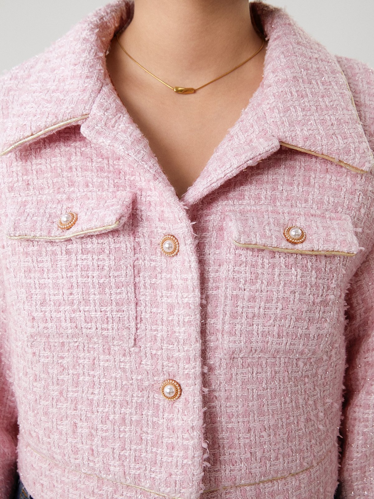 Cropped Tweed Jacket - Pink - Pomelo Fashion