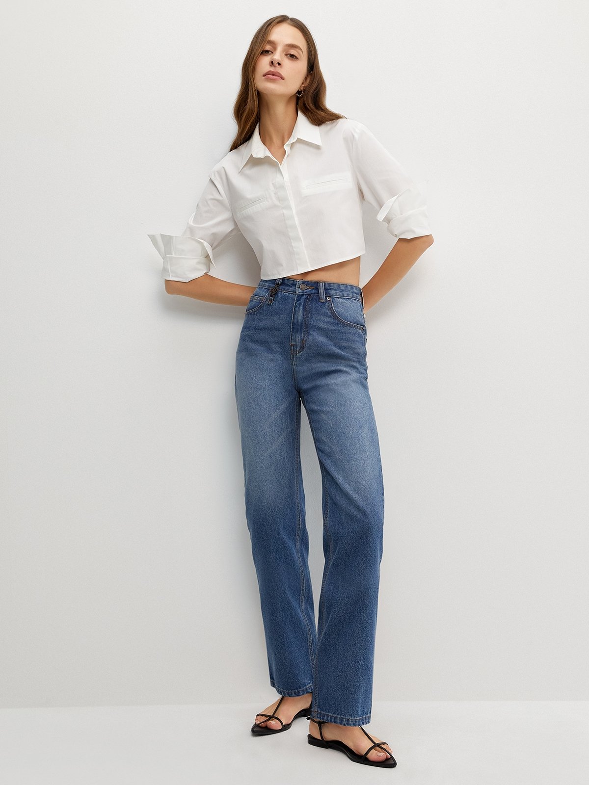 Mid Waist Straight Denim - Blue - Pomelo Fashion