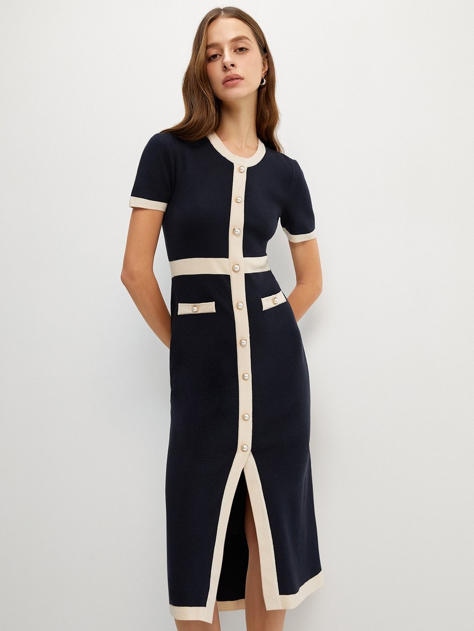 contrast trim button down knitted dress CONTRAST TRIM BUTTON FRONT KNIT MINI DRESS