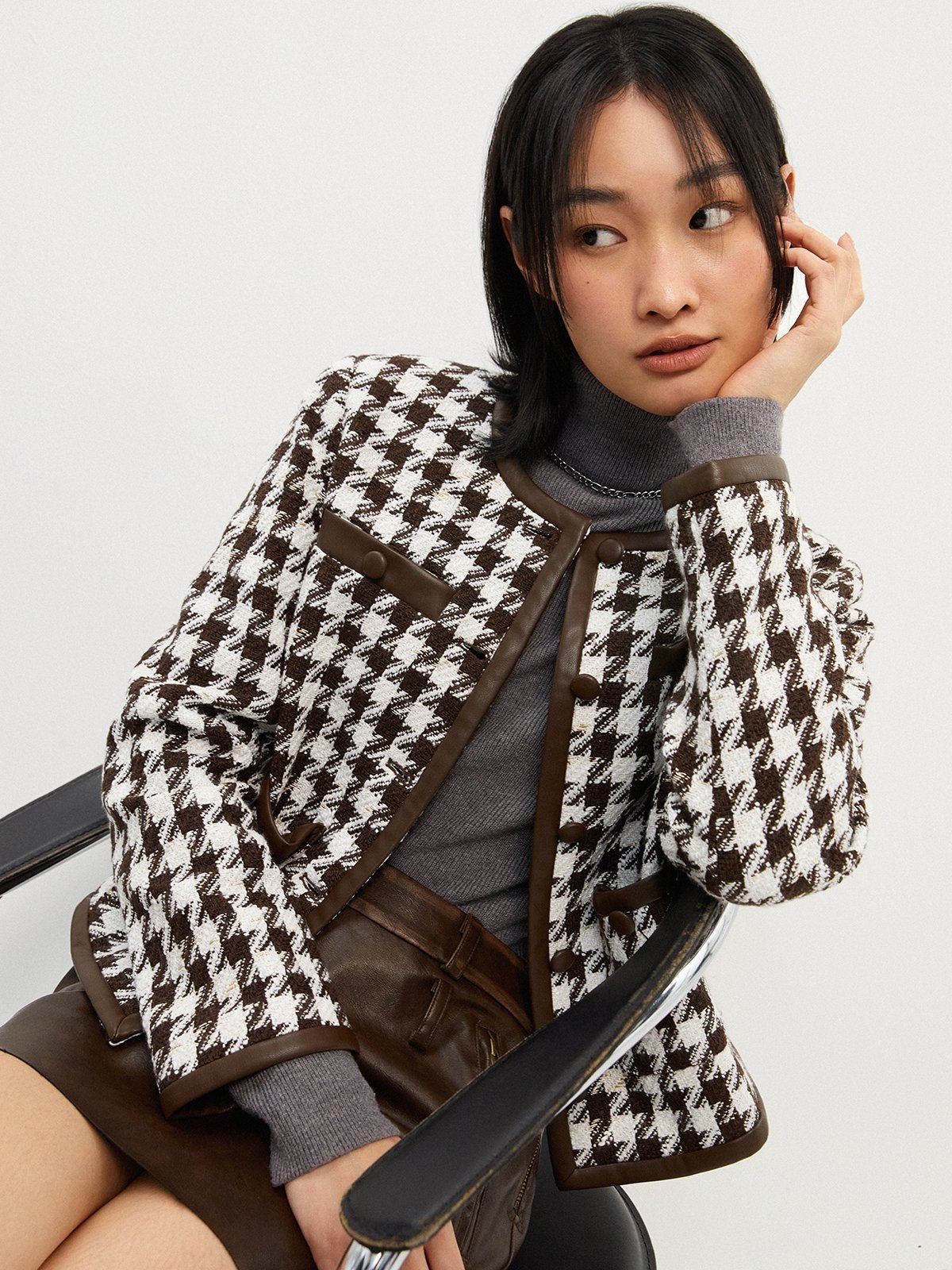 Houndstooth Jacket - Brown - Pomelo Fashion