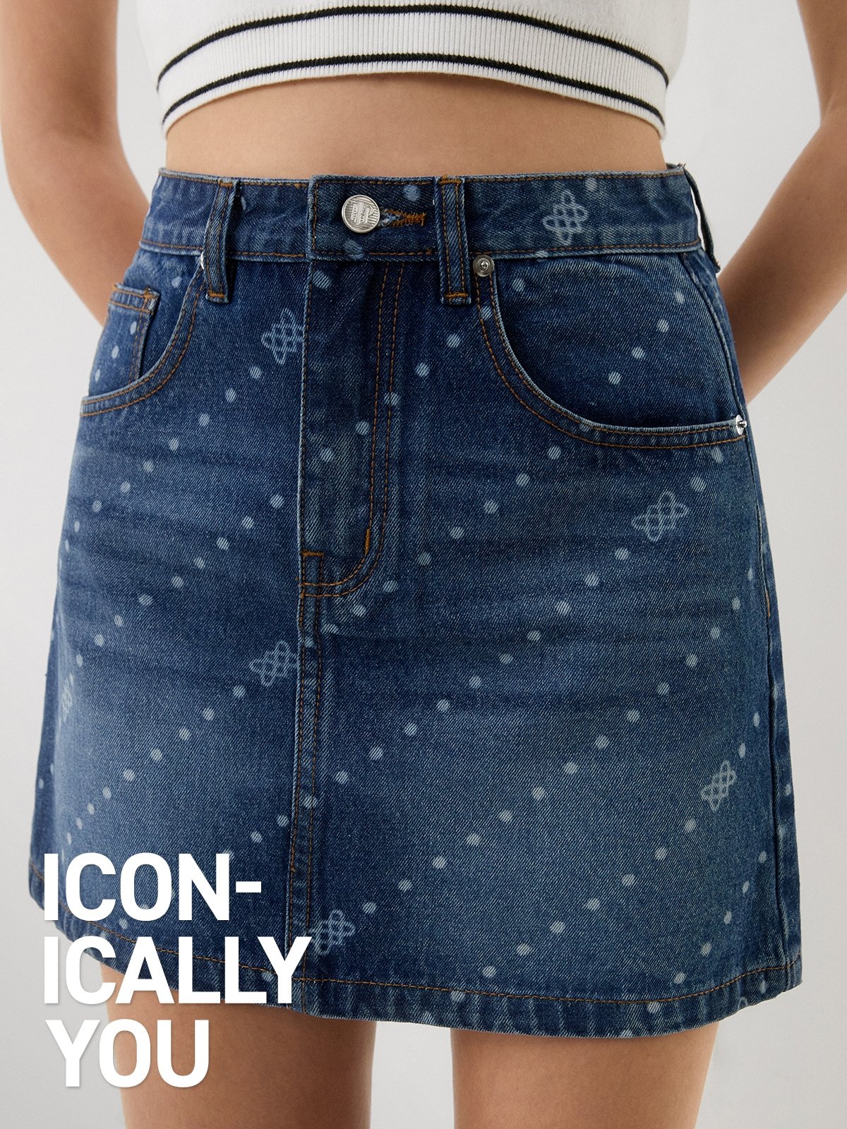 Iconically YOU Print High Waist Denim Mini Skirt Blue Pomelo Fashion