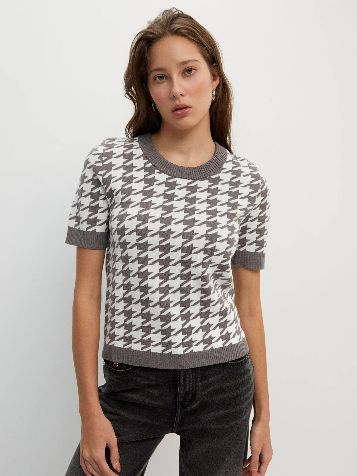 Houndstooth Knitted Top - Grey/White - Pomelo Fashion Houndstooth Knitted Top - Grey/White - Pomelo Fashion