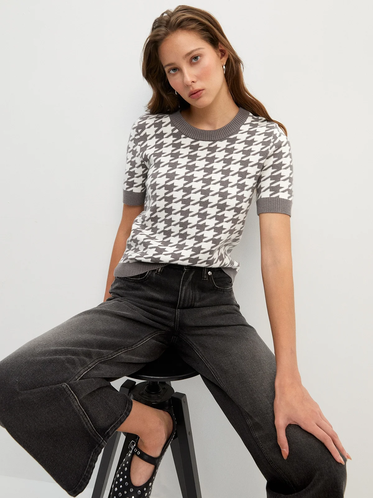 Houndstooth Knitted Top - Grey/White - Pomelo Fashion Houndstooth Knitted Top - Grey/White - Pomelo Fashion