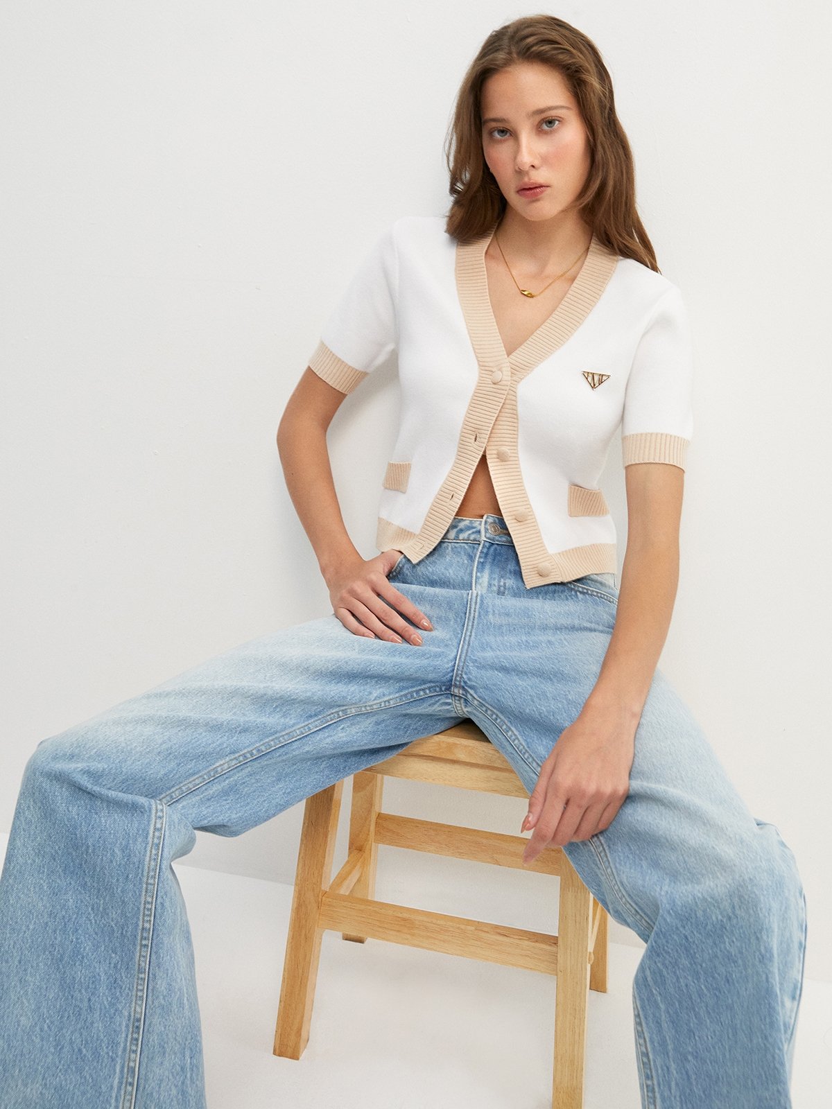 Contrast Trim Short Sleeve Cardigan White Pomelo Fashion