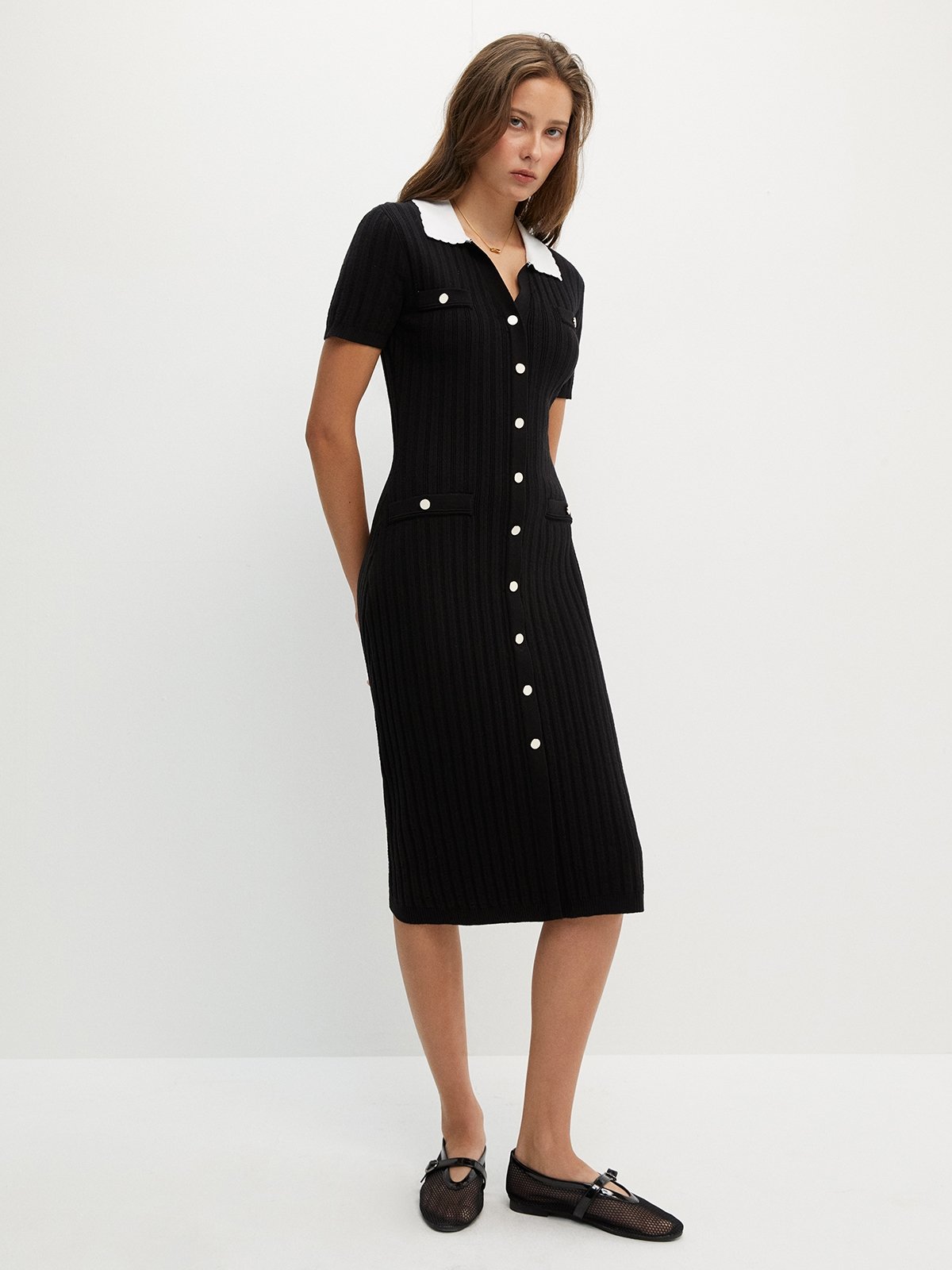 Contrast Collar Rib-Knitted Midi Dress - Black/White - Pomelo Fashion