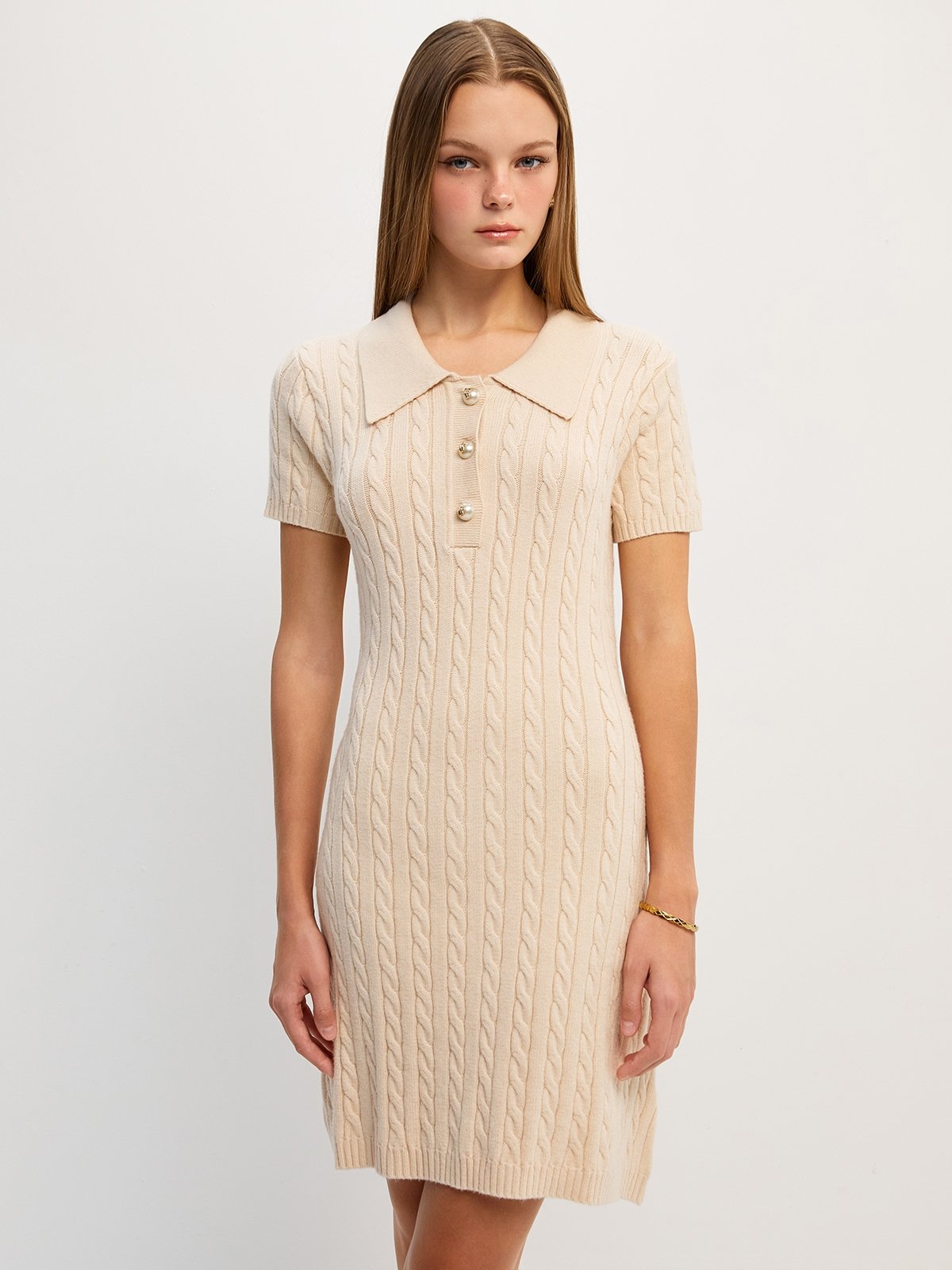Cable Pattern Knitted Polo Dress - Ivory - Pomelo Fashion