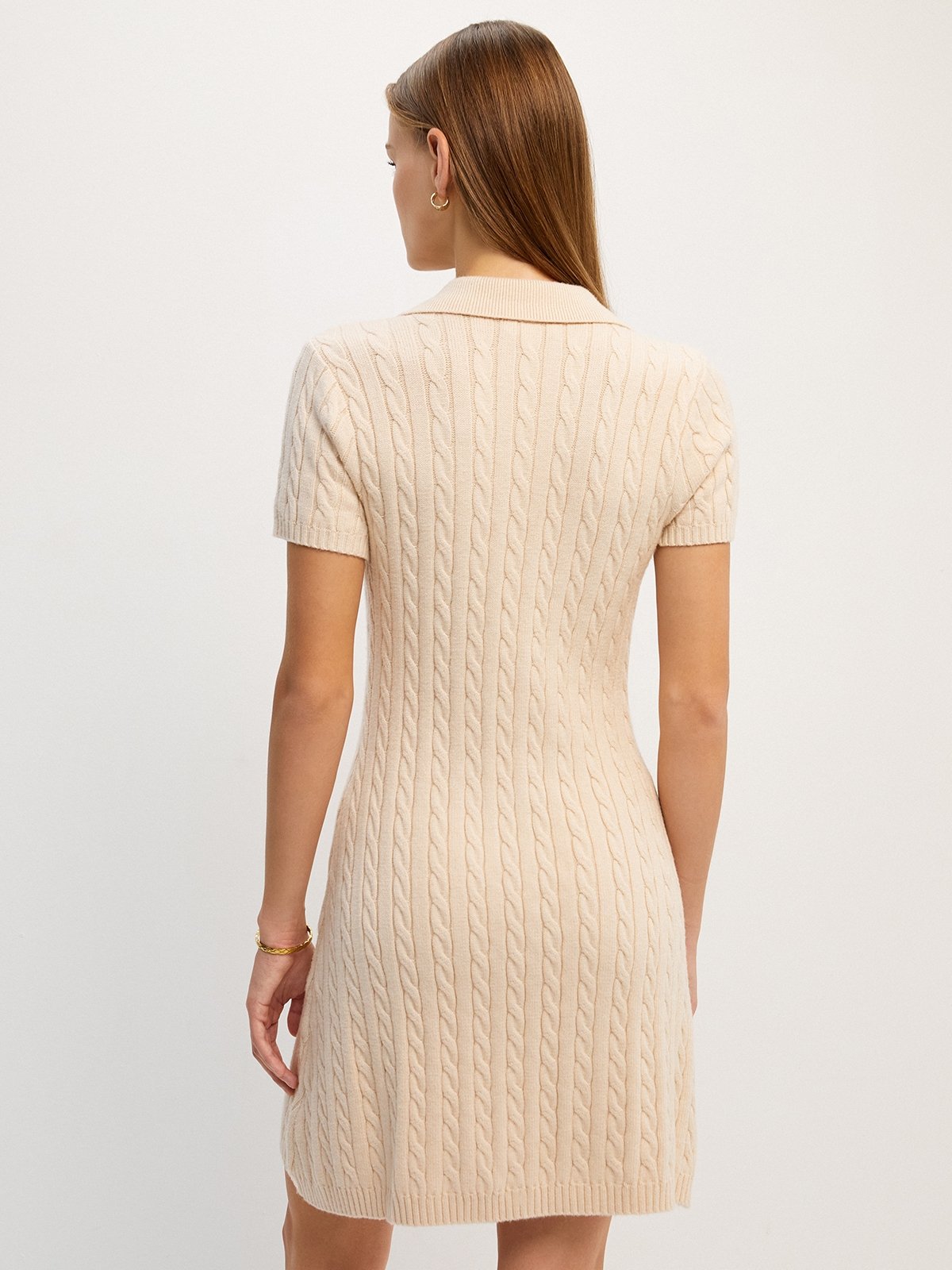 Cable Pattern Knitted Polo Dress - Ivory - Pomelo Fashion