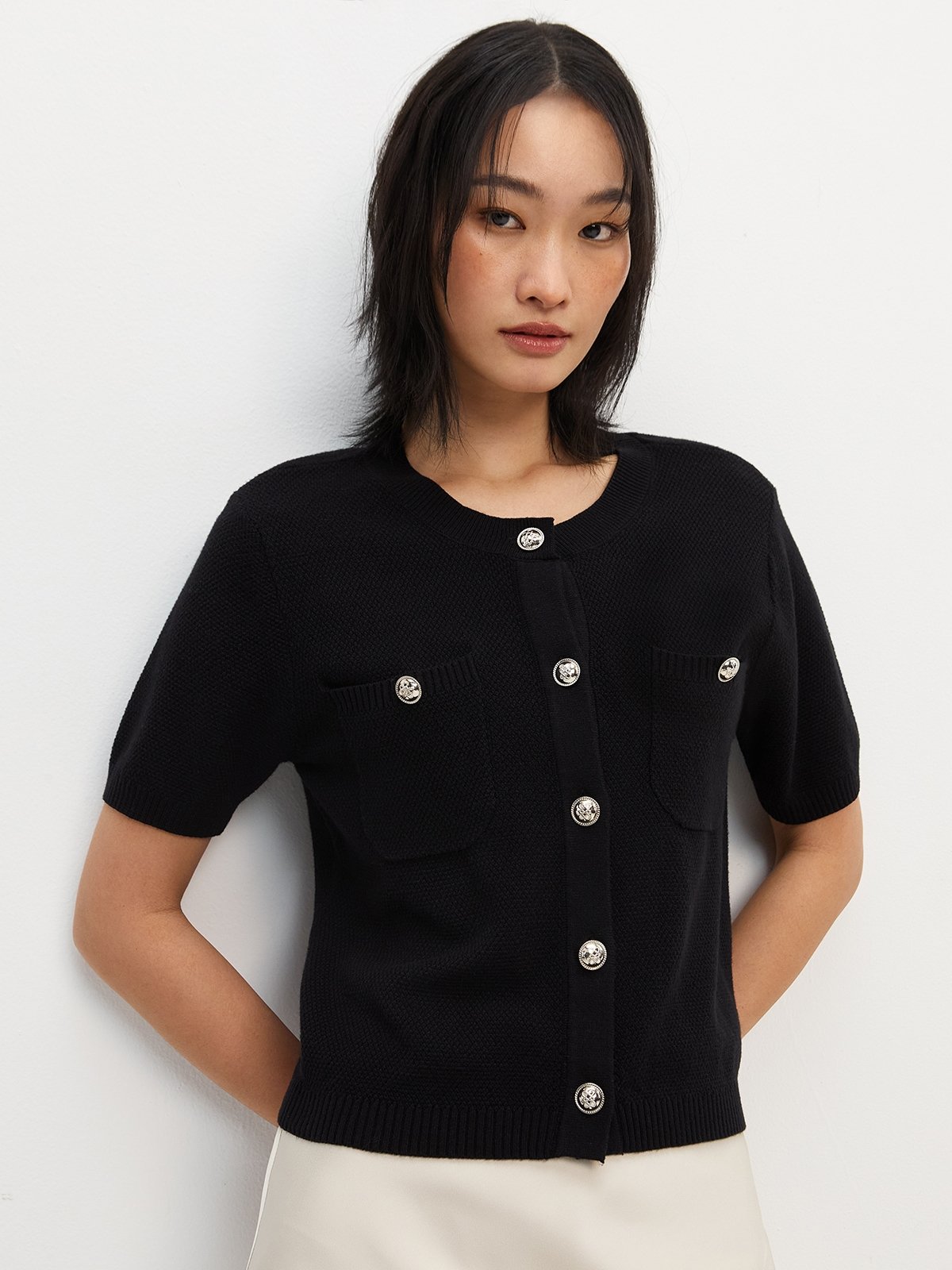 Knitted Button Top - Black - Pomelo Fashion