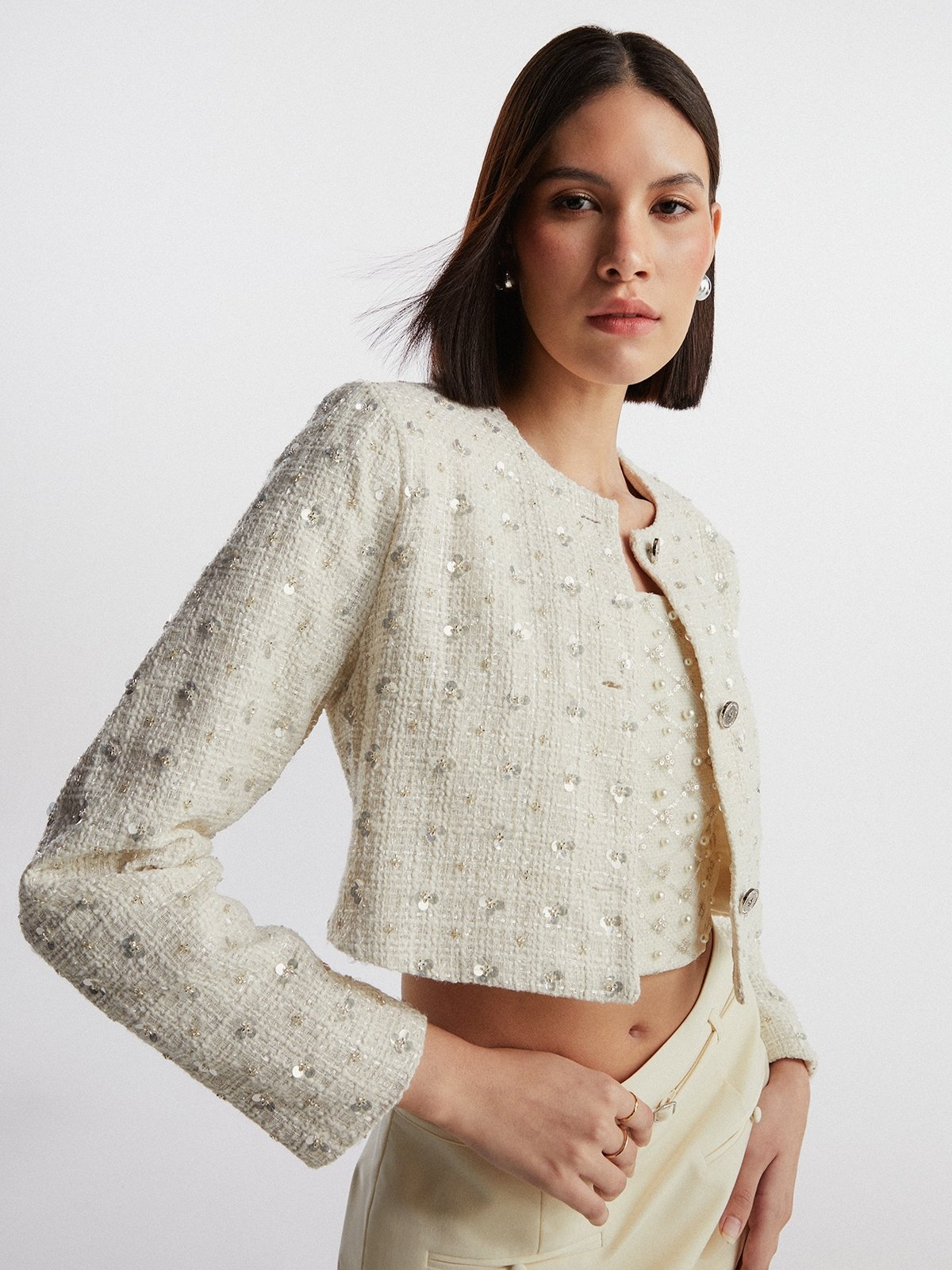 Floral Sequin Embellished Cropped Tweed Jacket Cream