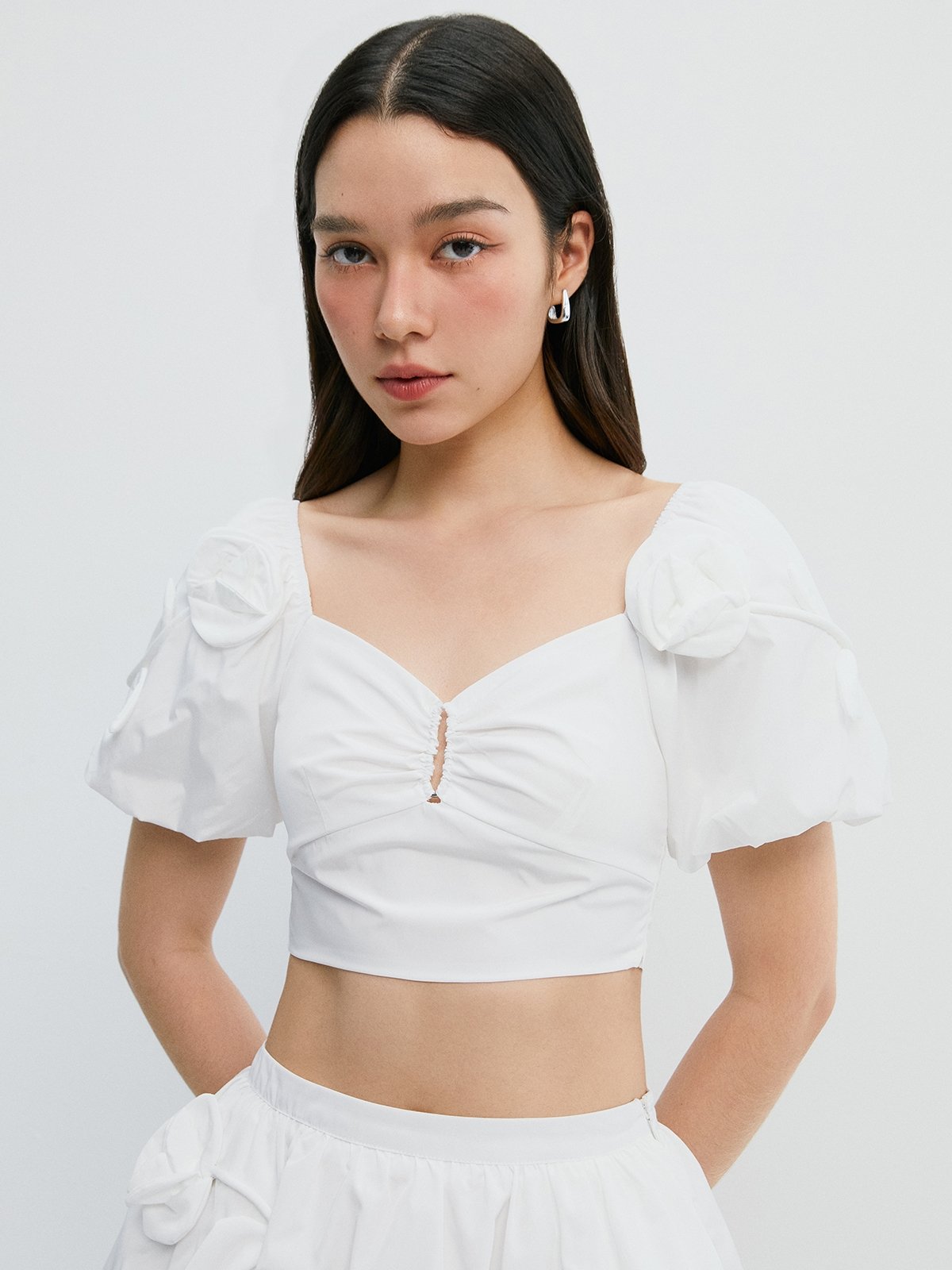 Floral Puff Sleeve Top - White - Pomelo Fashion
