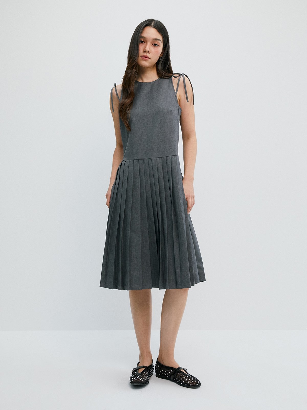 Ribbon Pleated Dress - Light Grey - Pomelo Fashion