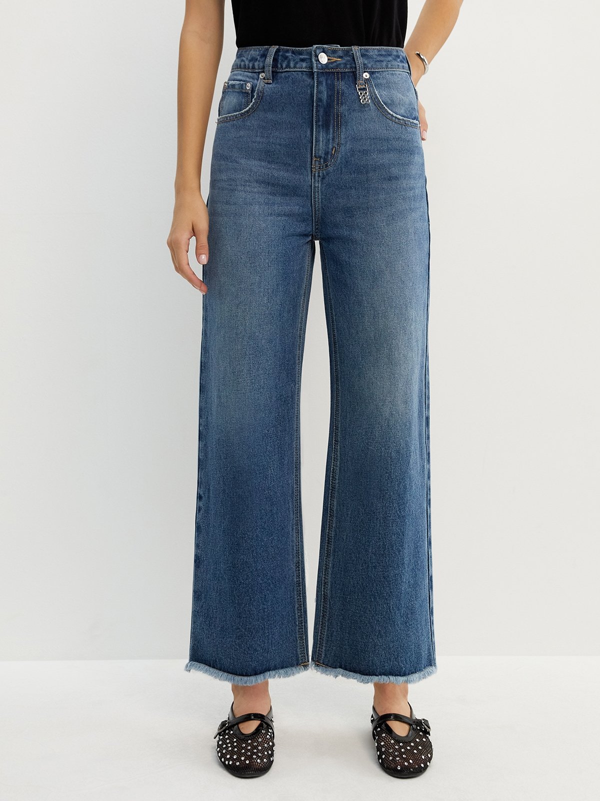High Waisted Frayed Ankle Wide Leg Jeans main image 0