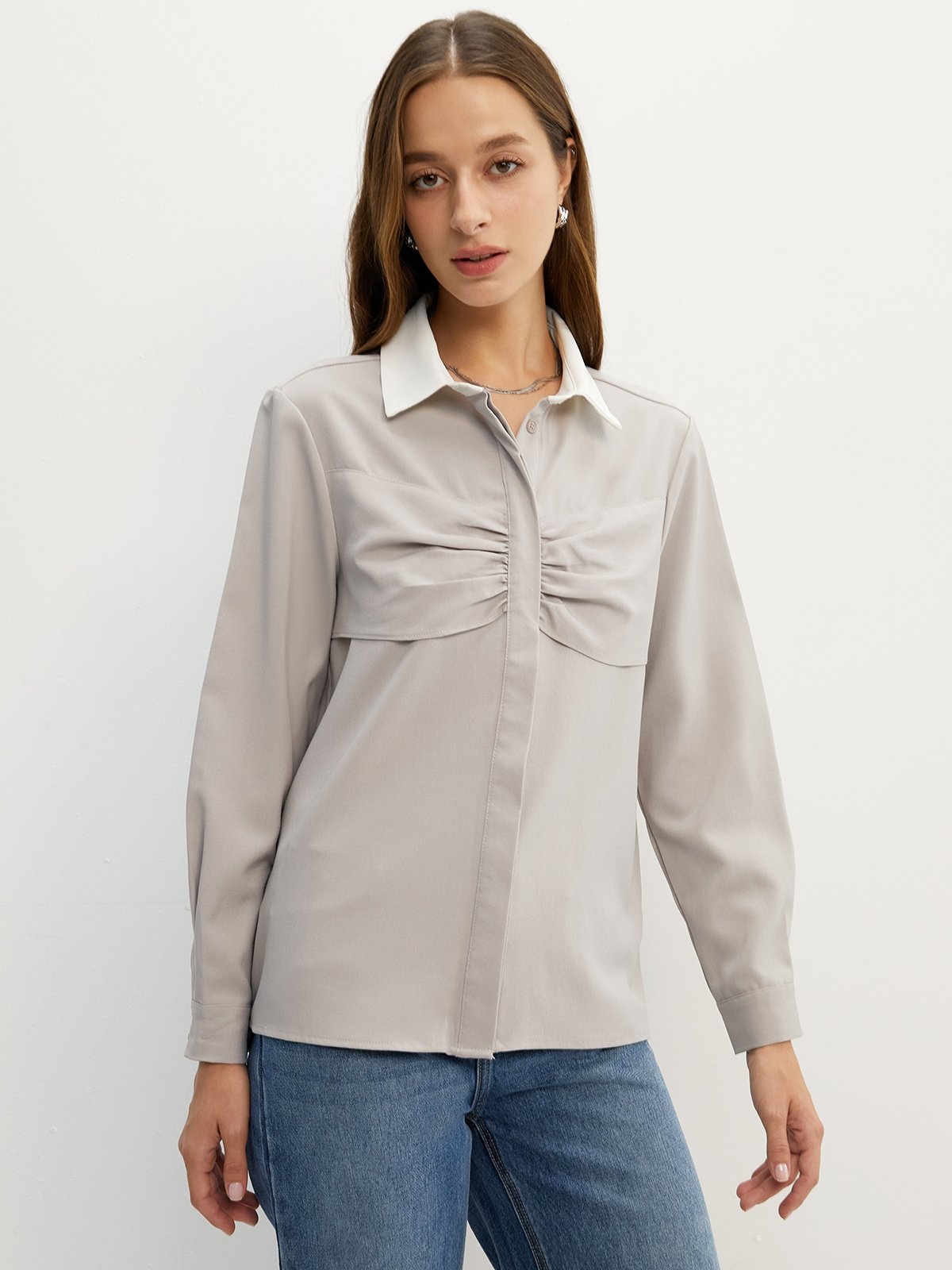 Ruched button down shirt deals