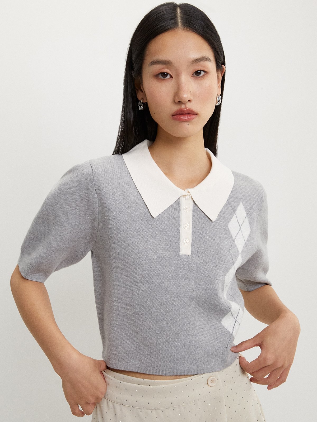 Contrast Collar Knit Top - Light Grey - Pomelo Fashion