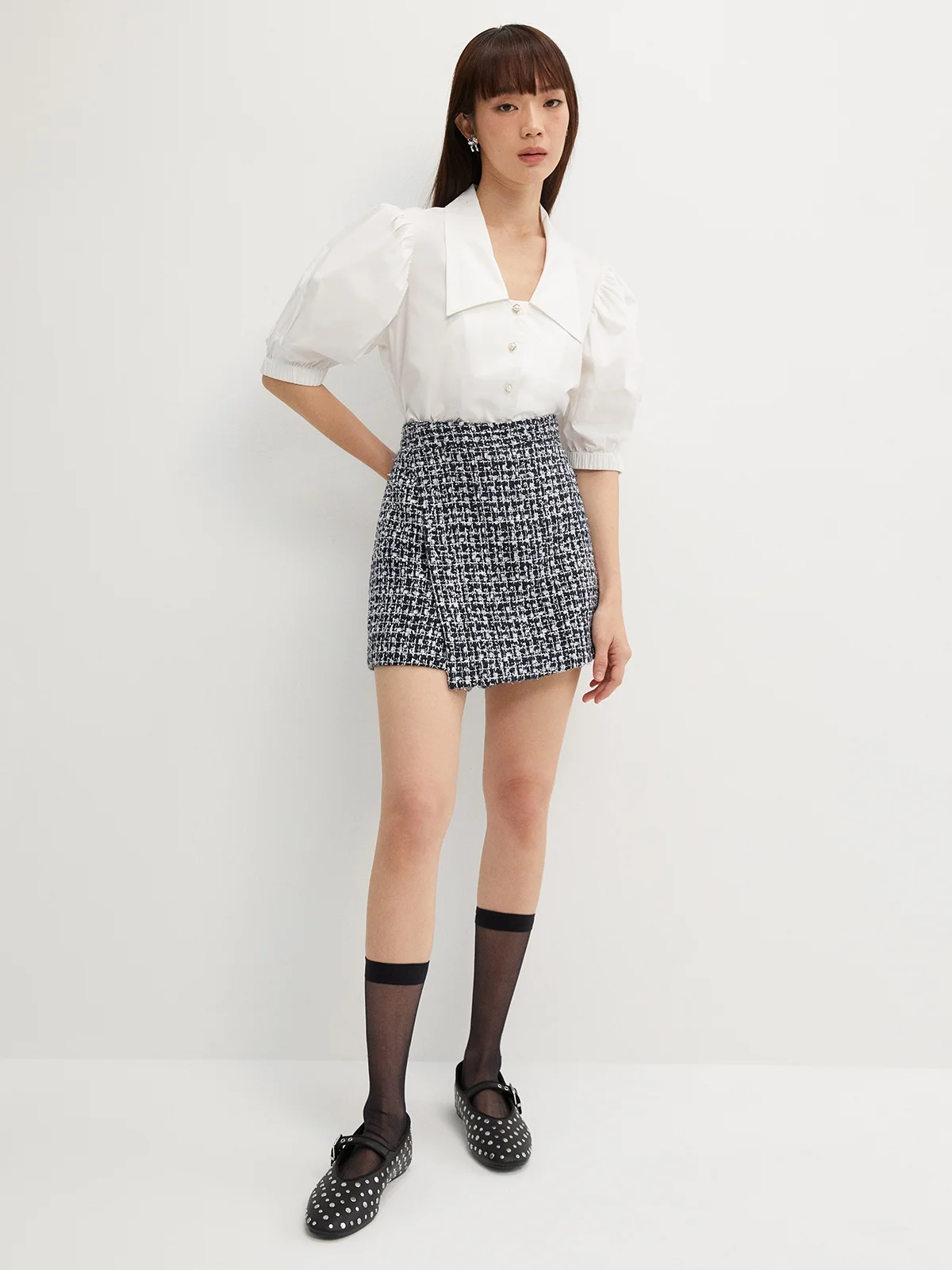 Asymmetric Tweed Skort - Navy - Pomelo Fashion