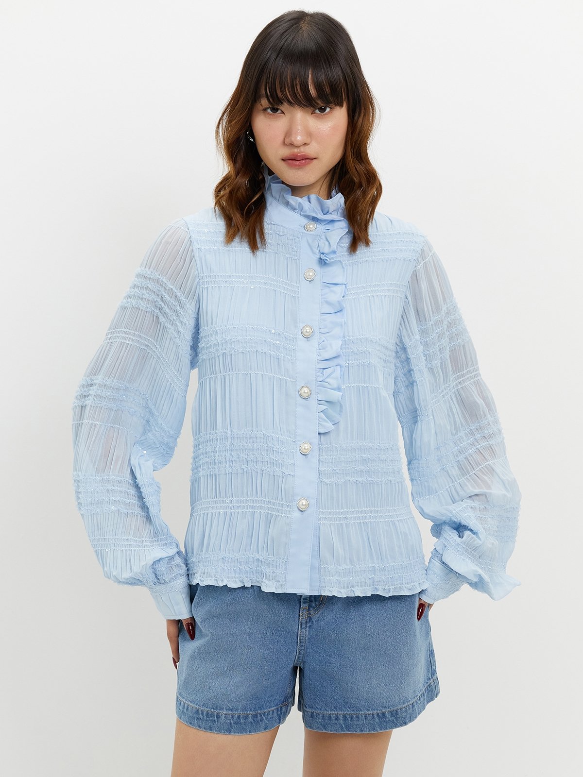 baby blue ruffle blouse