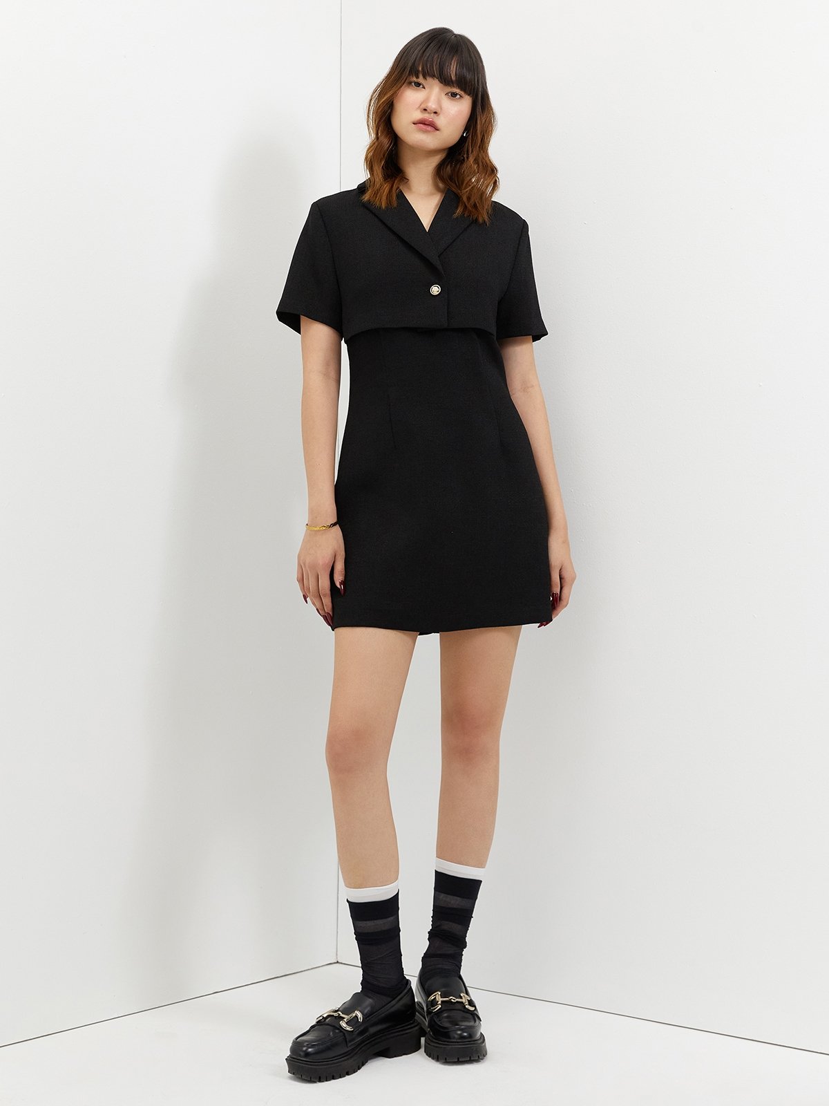 pomelo Pomelo Layered Single Button Dress - Black