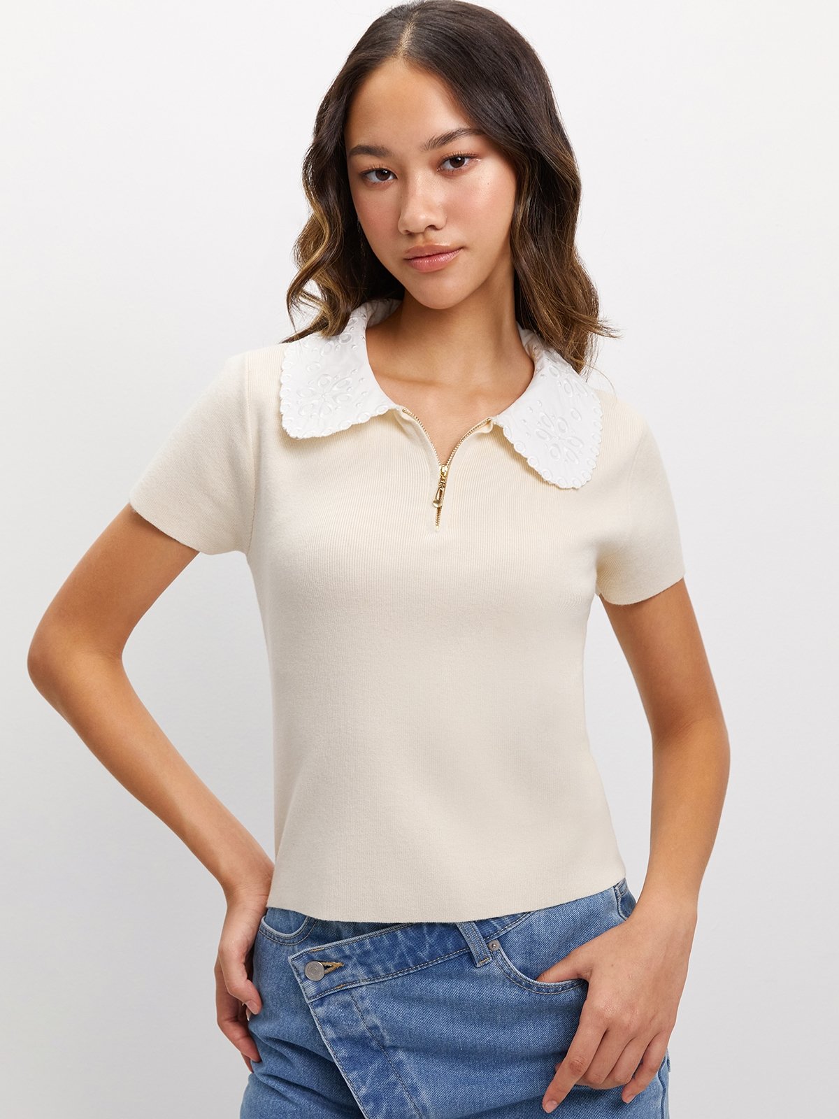 Zip Collar Knit Top - Yellow - Pomelo Fashion