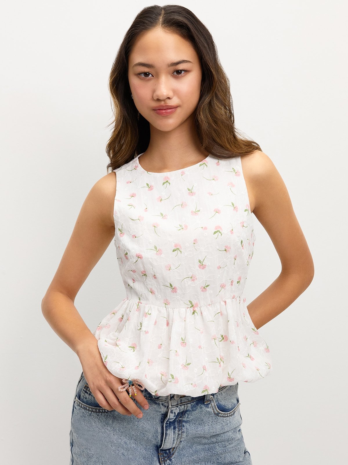 Pink Floral Print Cotton Peplum Top With Pintuck Detailing