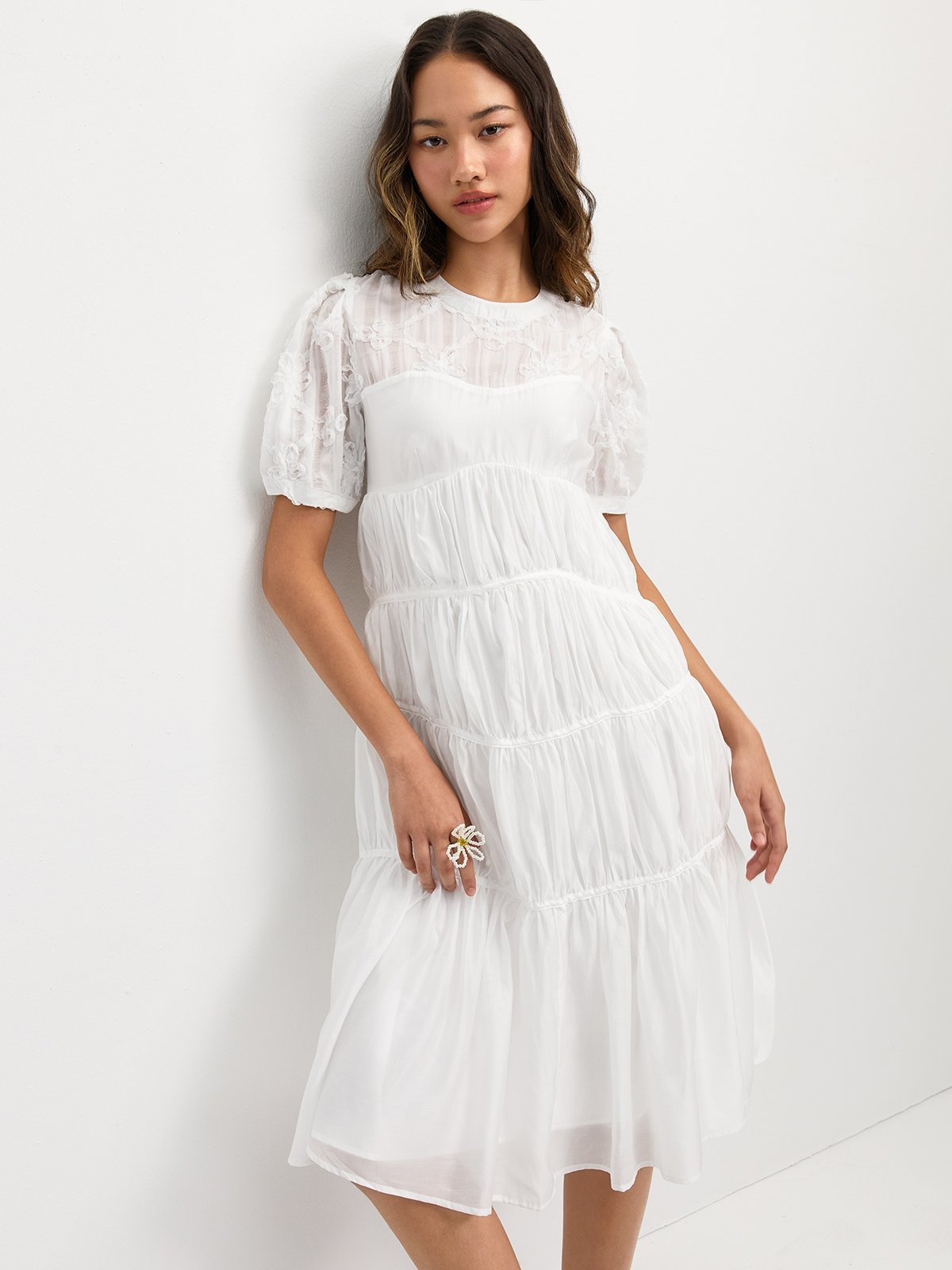 pomelo Pomelo Floral Tiered Dress - White