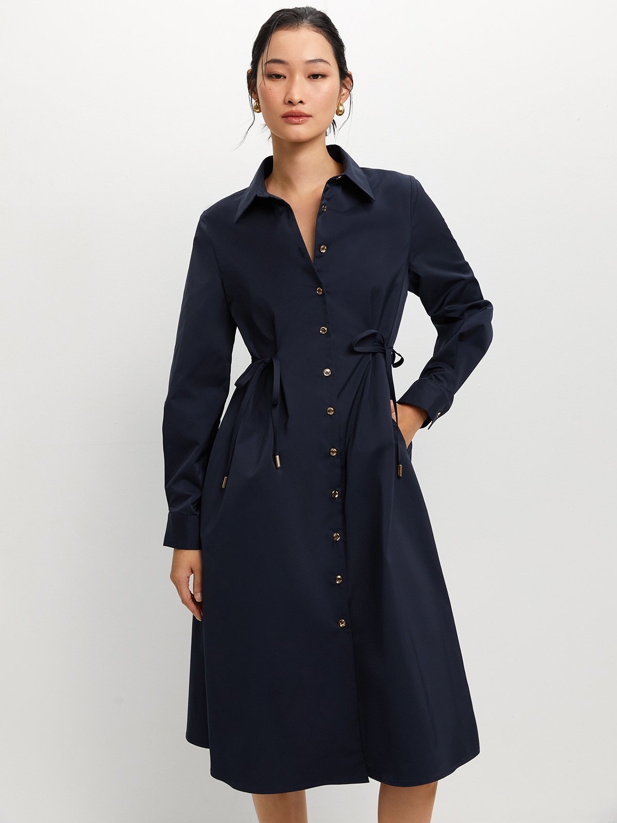 pomelo Pomelo Side Bow Long Sleeve Dress - Navy