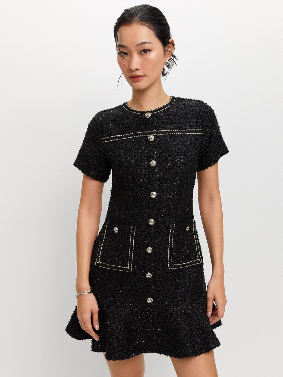 Flared Tweed Dress - Black - Pomelo Fashion Flared Tweed Dress - Black - Pomelo Fashion