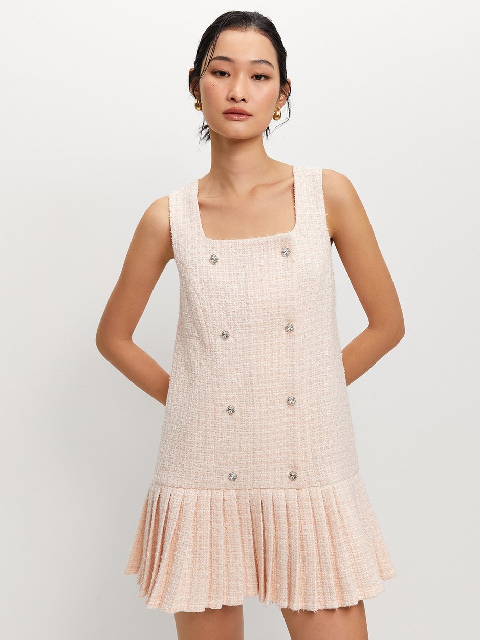 pleated tweed dress Karen Millen Textured Tweed Contrast Collar Pleated Tailored Mini Dress in Cream