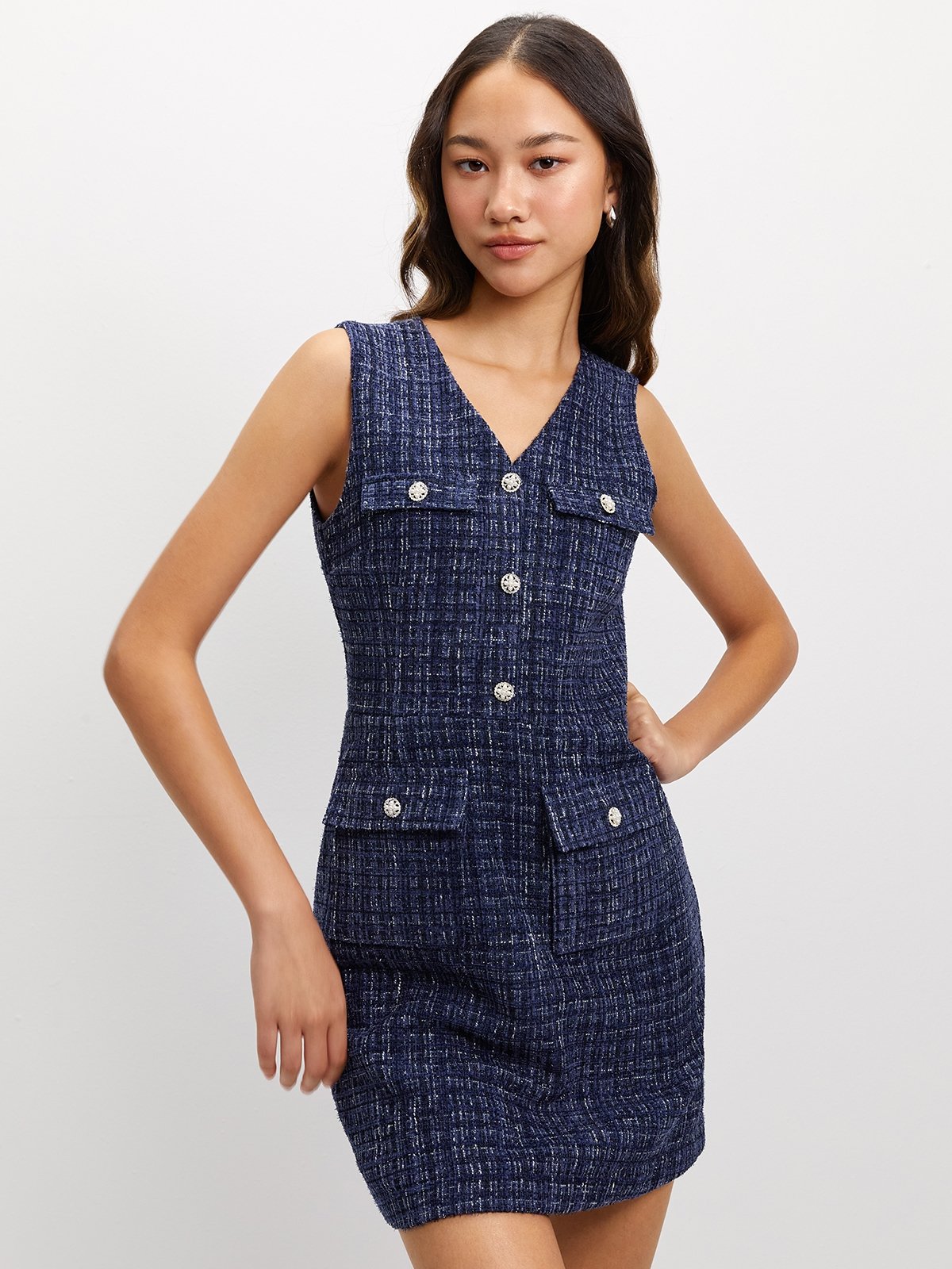 Tweed Sleeveless Dress - Blue - Pomelo Fashion
