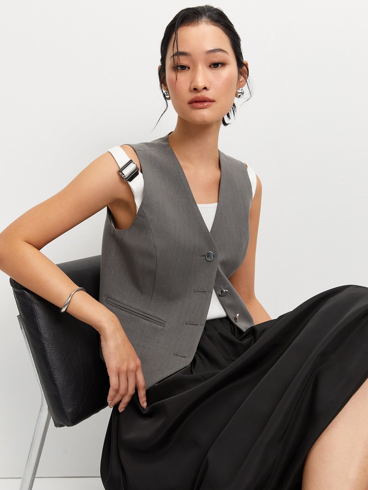 Formal Wear Striped V Neck Vest With Skirt Grey Set
