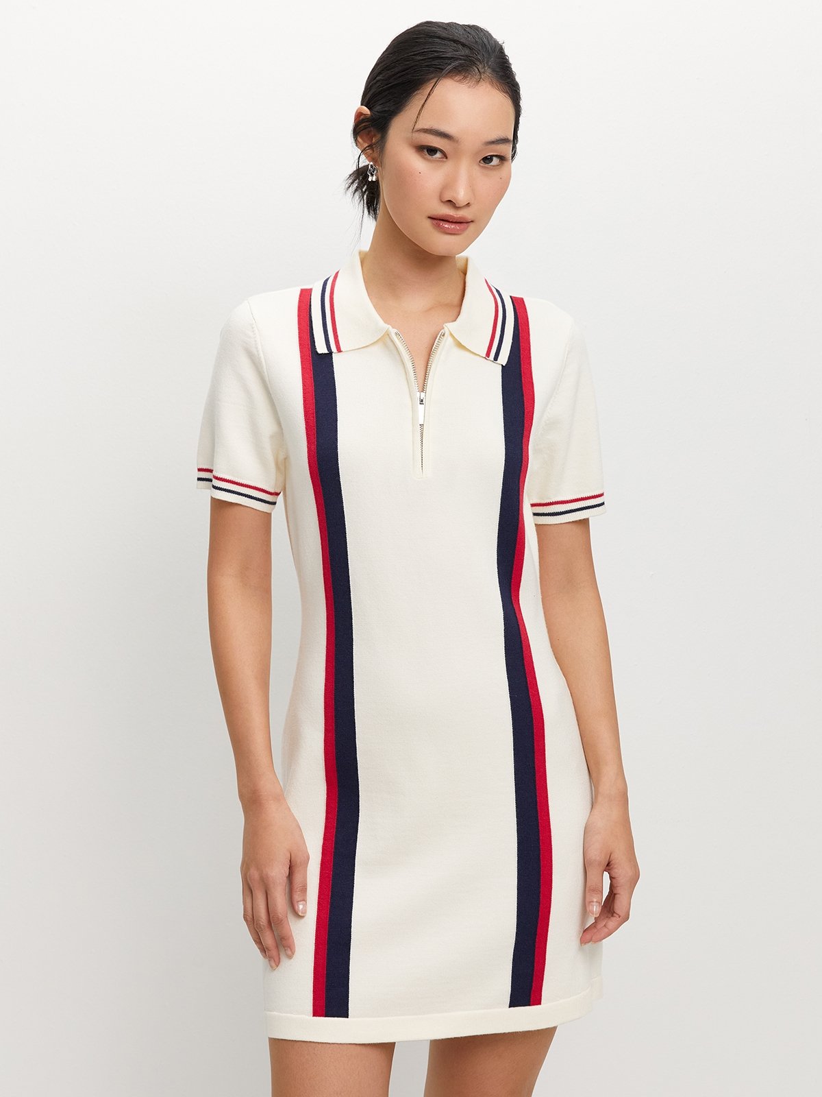 Striped Collared Zip Up Textured Dress