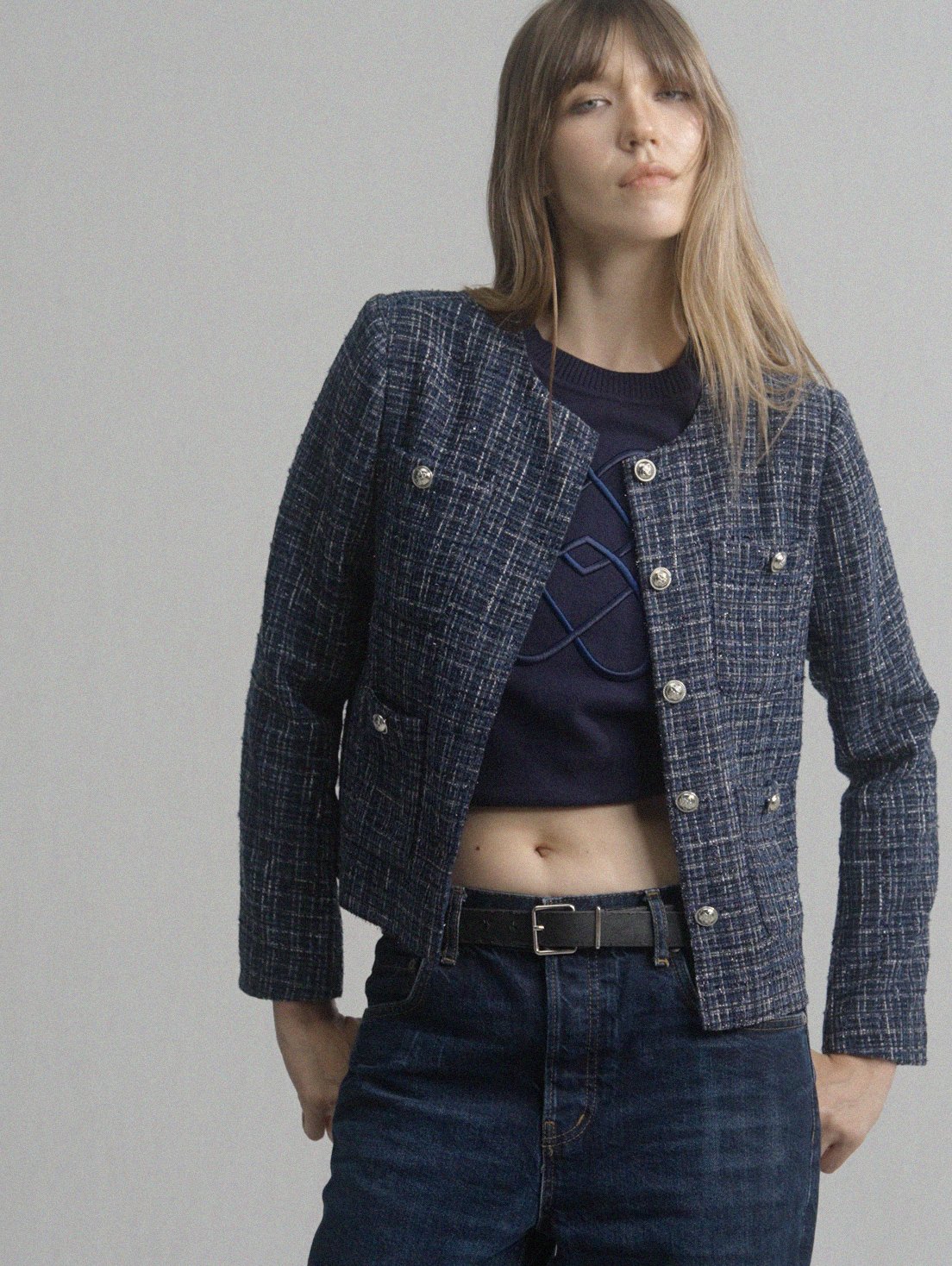 No Collar Tweed Jacket - Blue - Pomelo Fashion